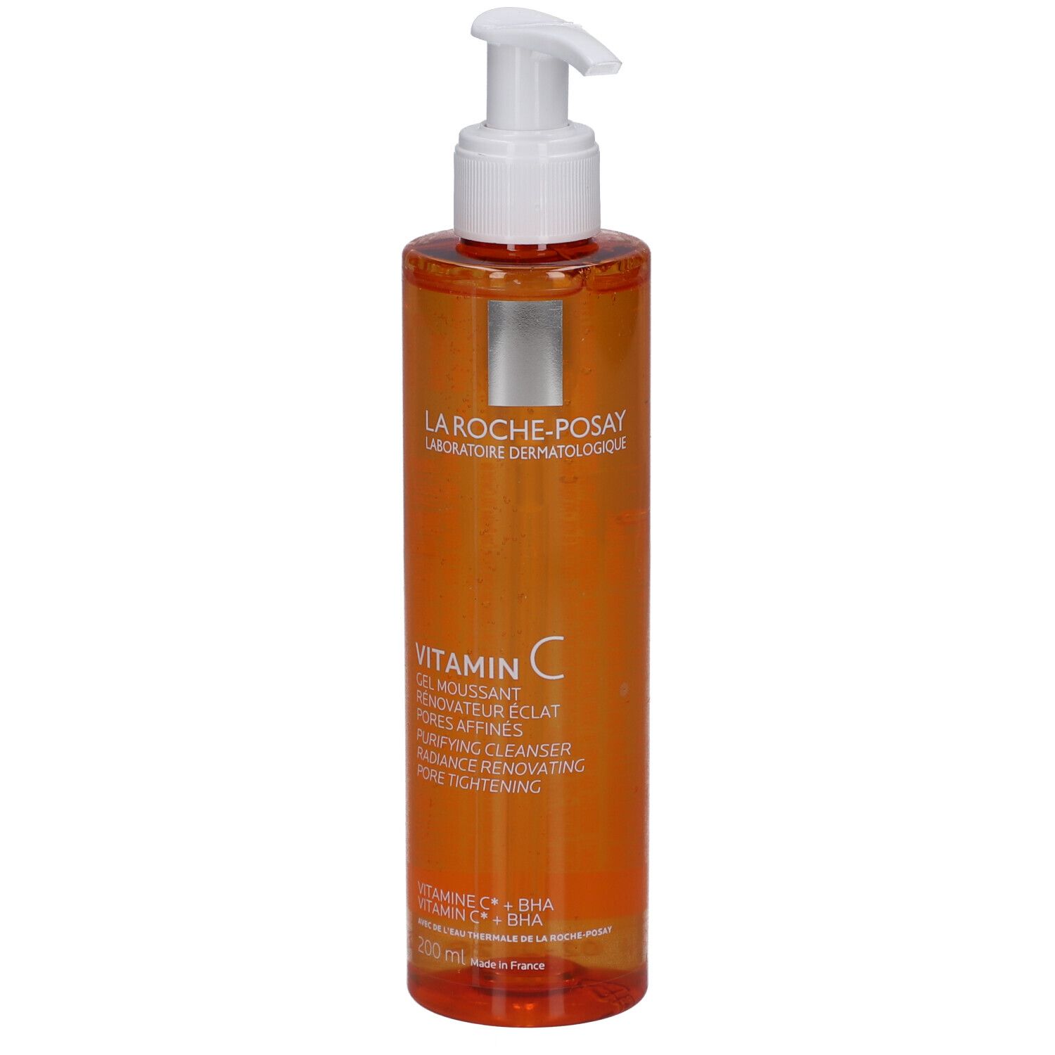 La Roche-Posay Vitamin C Gel Moussant mit Pumpspender. Orangefarbene Flüssigkeit in transparenter Flasche.