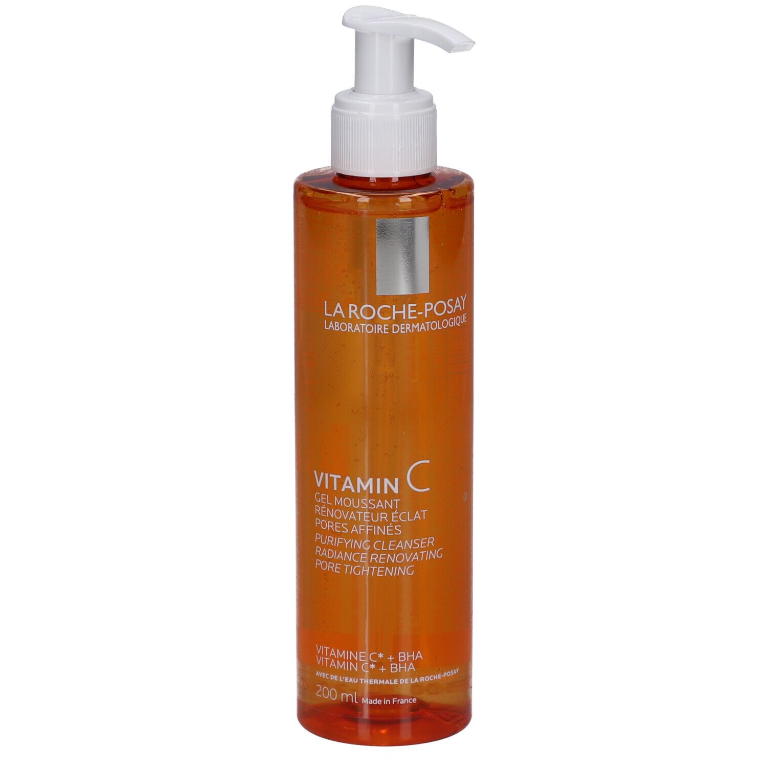 Orangefarbene Flasche mit Pumpspender, La Roche-Posay Vitamin C Reiniger, 200 ml.