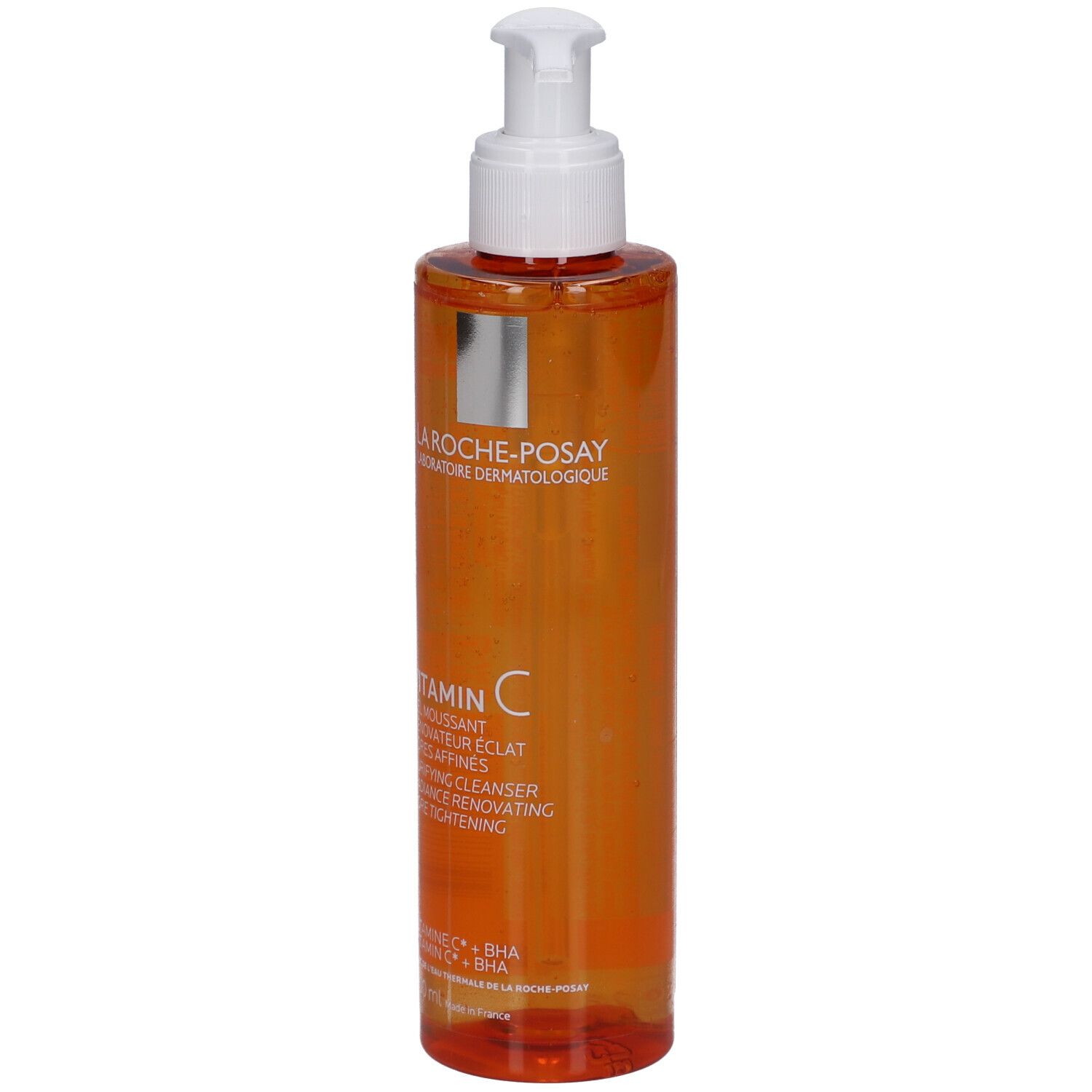 Orangefarbene Flasche mit Pumpspender, La Roche-Posay Vitamin C reinigendes Serum.