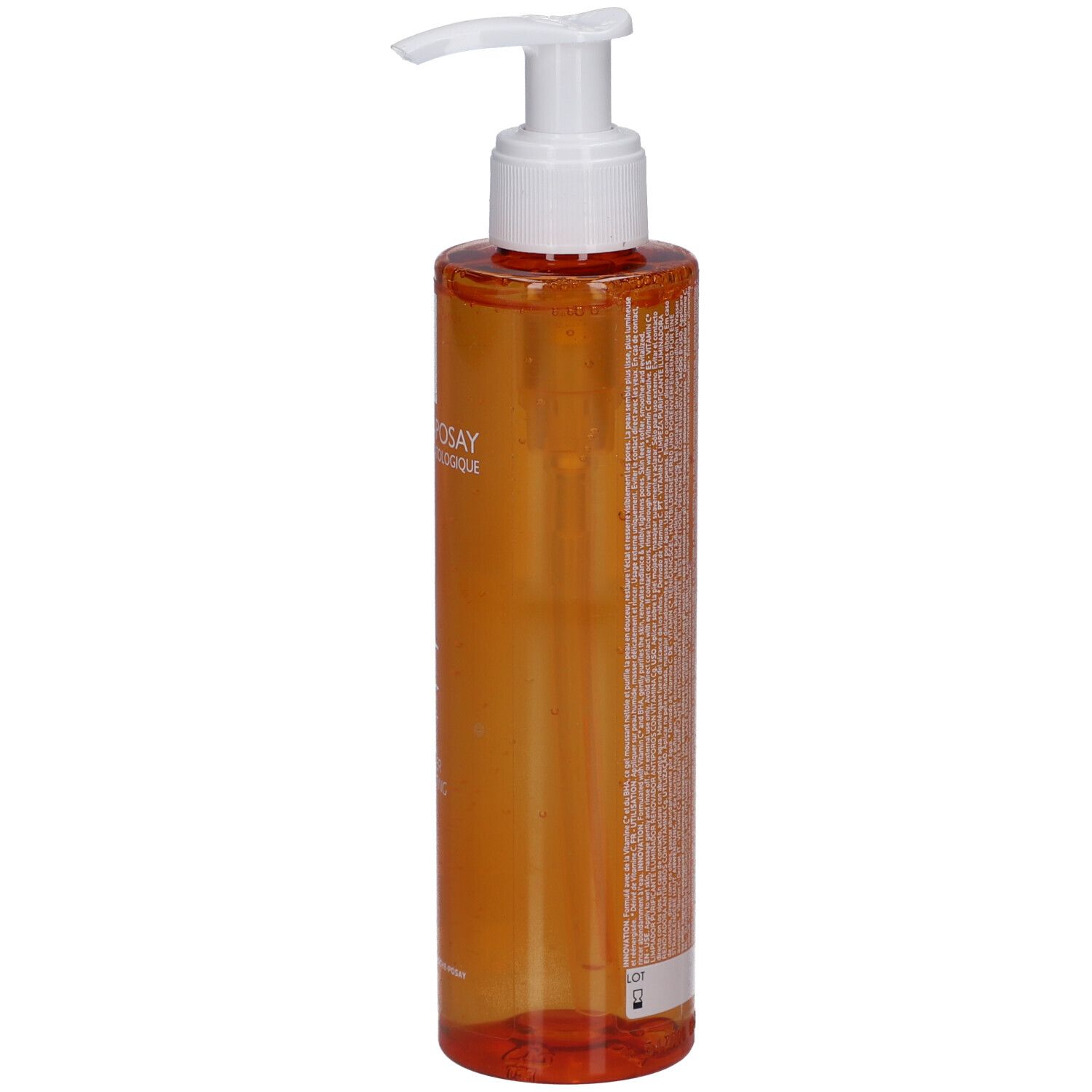 Orangefarbene Pumpflasche mit klarer Flüssigkeit und weißem Pumpaufsatz. Beschriftung auf dem Flaschenetikett.