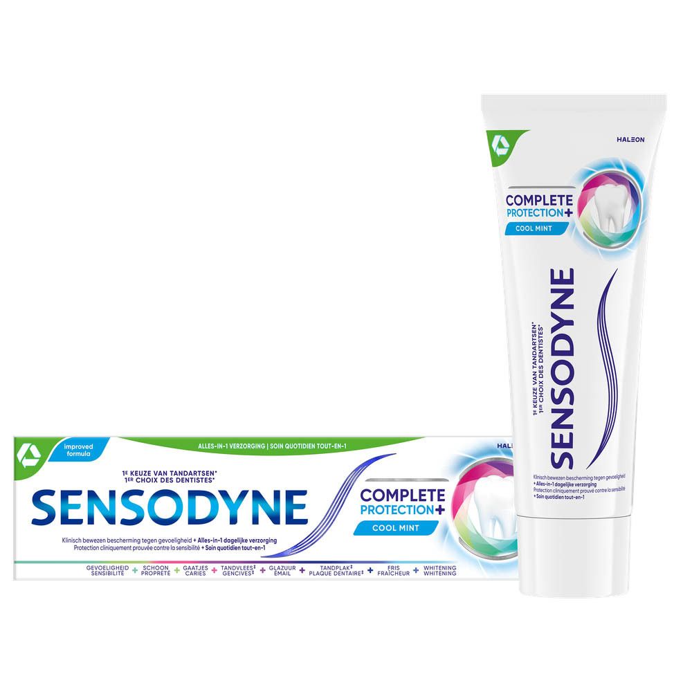 Tandpasta tube en doos. Sensodyne Complete Protection+ Cool Mint. Wit, blauw en groen.