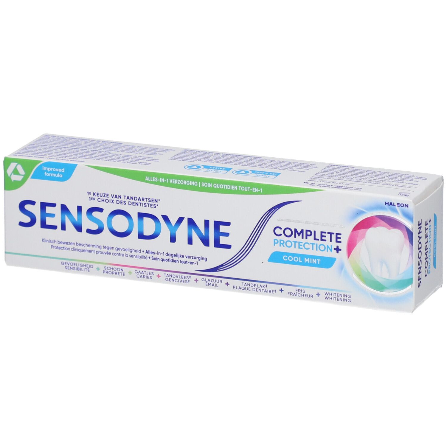 Tandpastadoos Sensodyne Complete Protection+ Cool Mint. Wit, blauw en groen. Tekst in het Duits, Nederlands en Frans.
