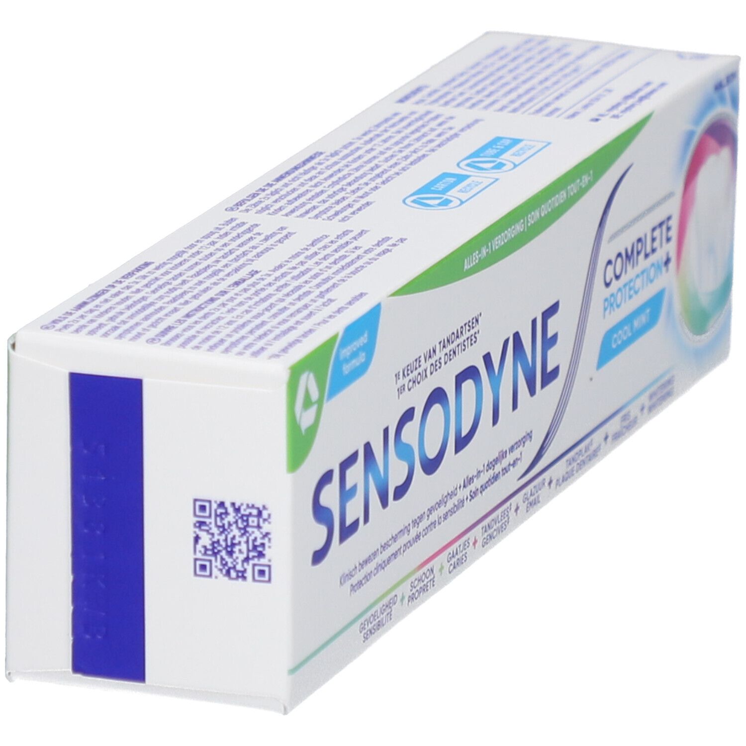 Tandpastadoos Sensodyne. Wit, blauw en groen. QR-code en tekst in het Duits, Nederlands en Frans.