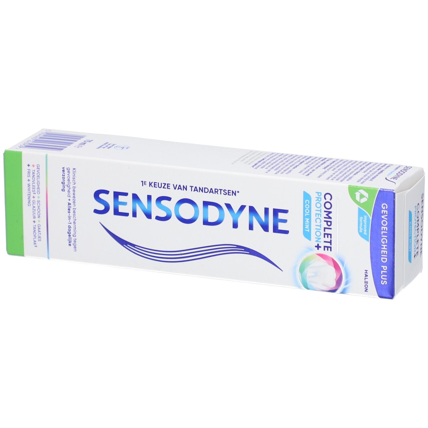 Tandpastadoos Sensodyne Complete Protection+ Cool Mint. Wit, blauw en groen. Tekst in het Duits, Nederlands en Frans.