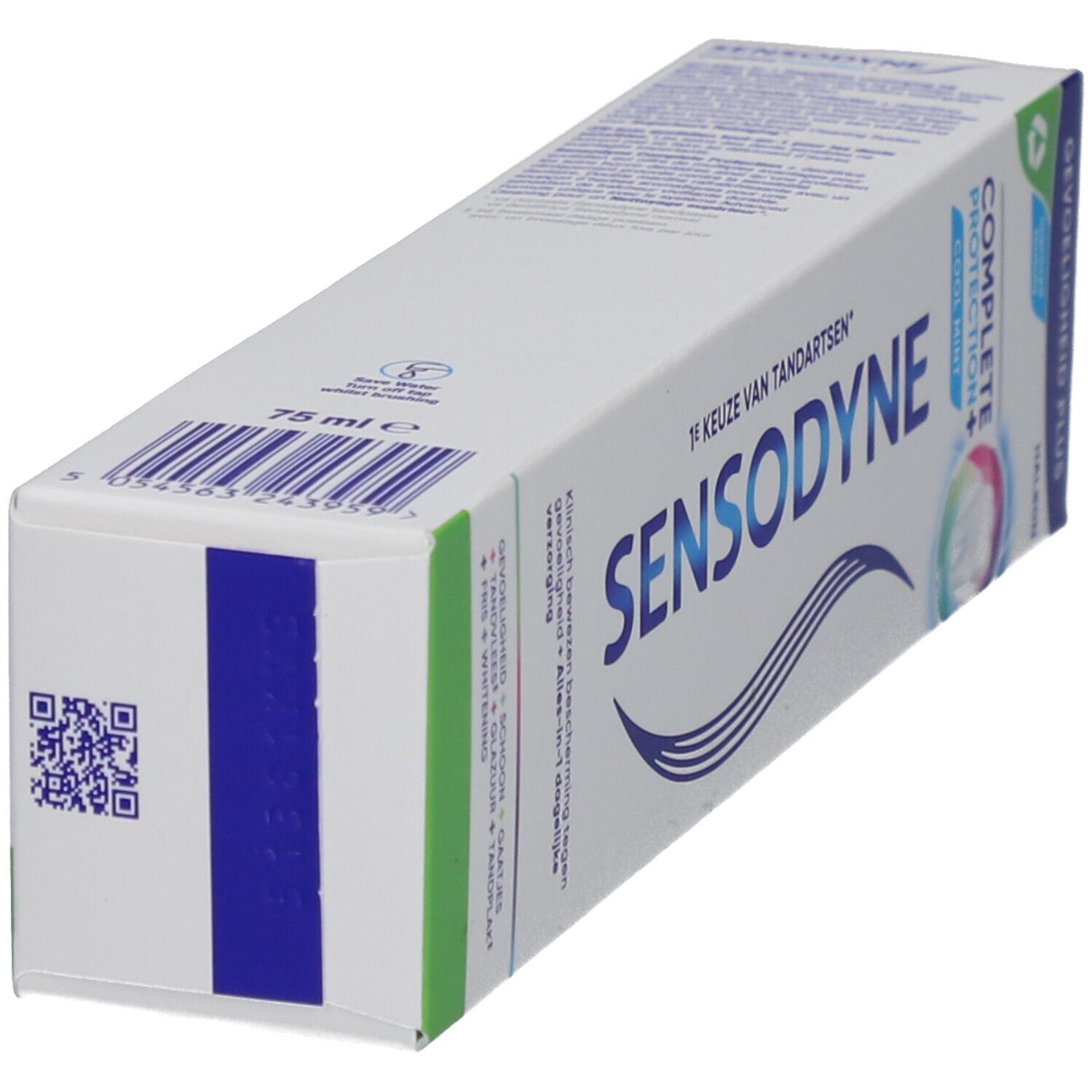 Tandpastadoos Sensodyne. Wit, blauw en groen. 75 ml. QR-code en tekst in het Duits, Nederlands en Frans.