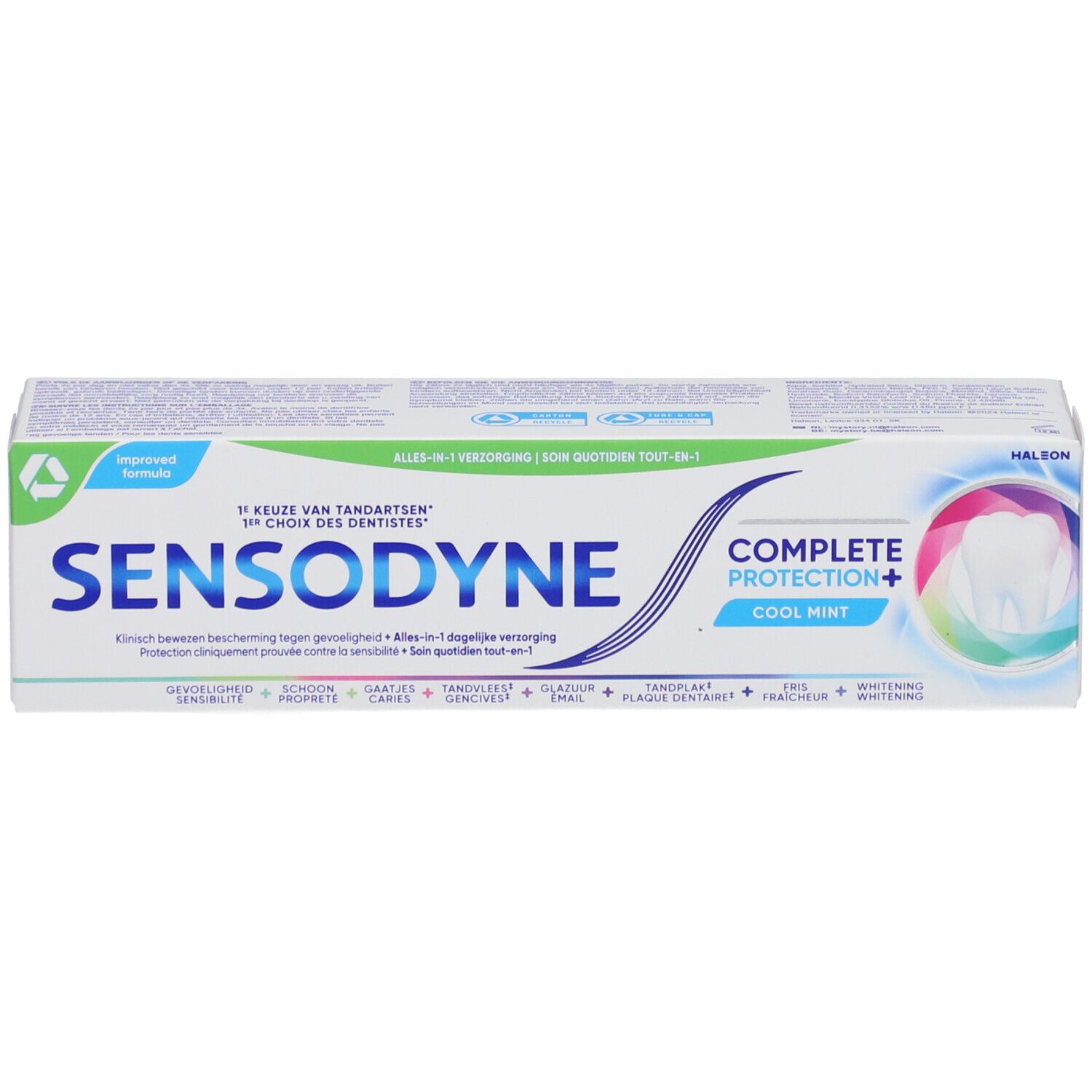 Tandpastadoos Sensodyne Complete Protection+ Cool Mint. Wit, blauw en groen. Tekst in het Duits, Nederlands en Frans.