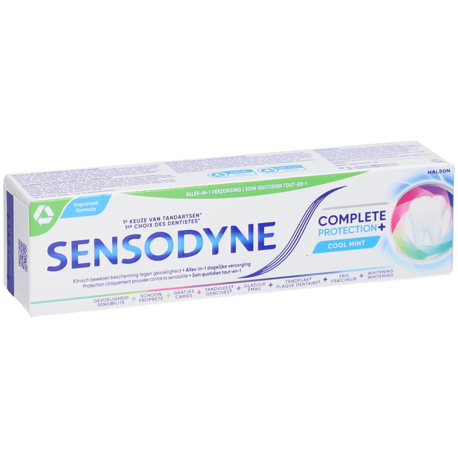Tandpastadoos Sensodyne Complete Protection+ Cool Mint. Wit, blauw en groen. Tekst in het Duits, Nederlands en Frans.