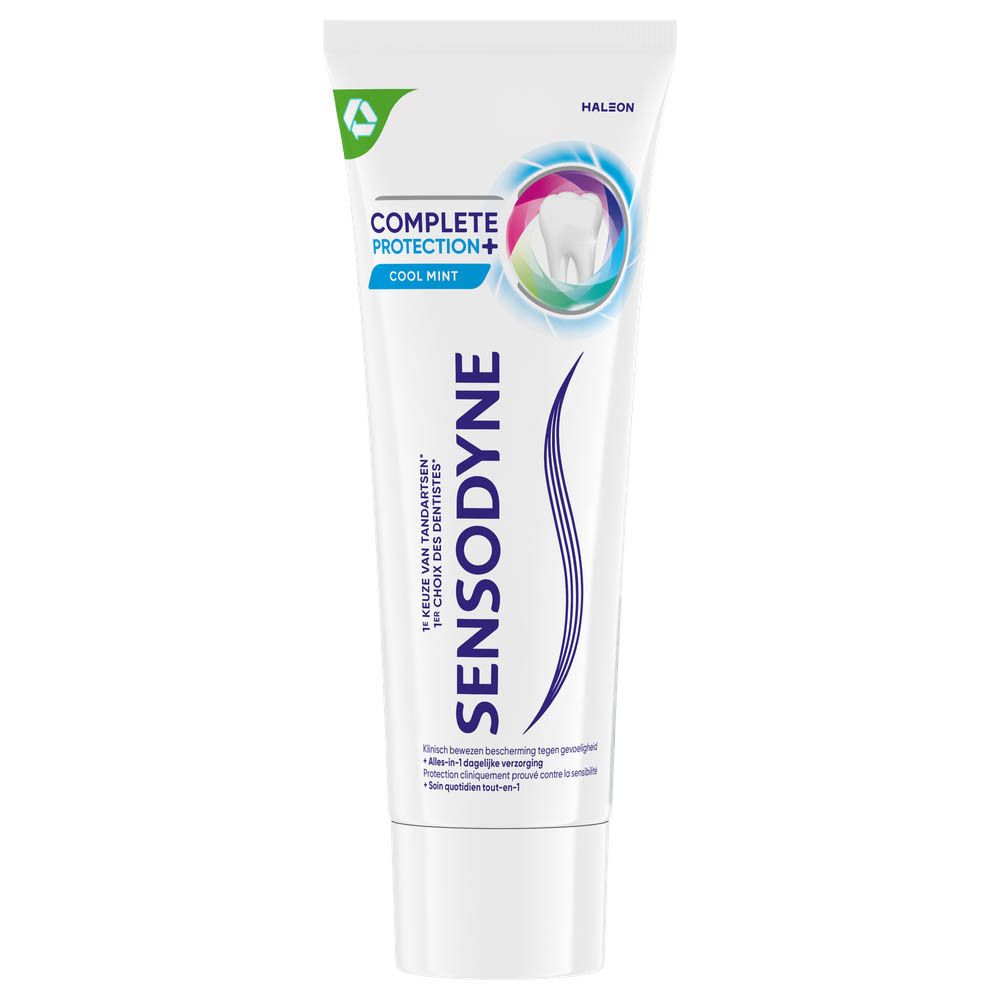 Tandpasta tube. Sensodyne Complete Protection+ Cool Mint. Wit, blauw en groen.