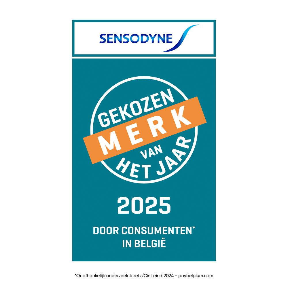 Label 'Gekozen Merk van het Jaar 2025' door consumenten in België. Blauw, oranje en wit.