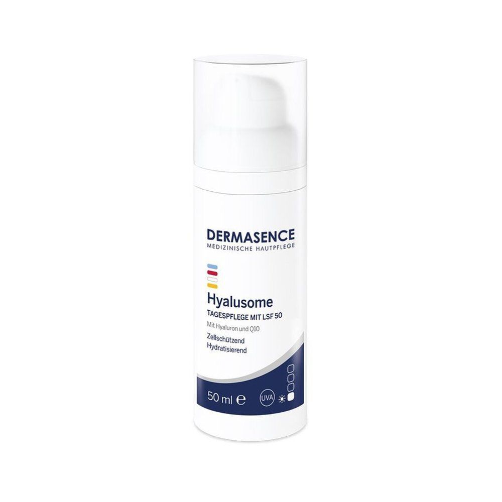Witte fles met pomp. Opschrift Dermasence Hyalusome Dagcrème SPF 50. 50 ml.