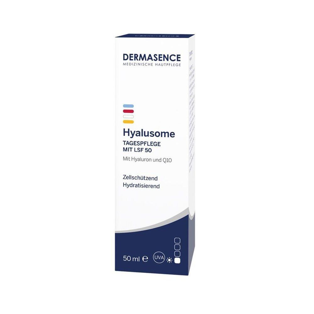 Witte fles met pomp. Opschrift Dermasence Hyalusome Dagcrème SPF 50. 50 ml.