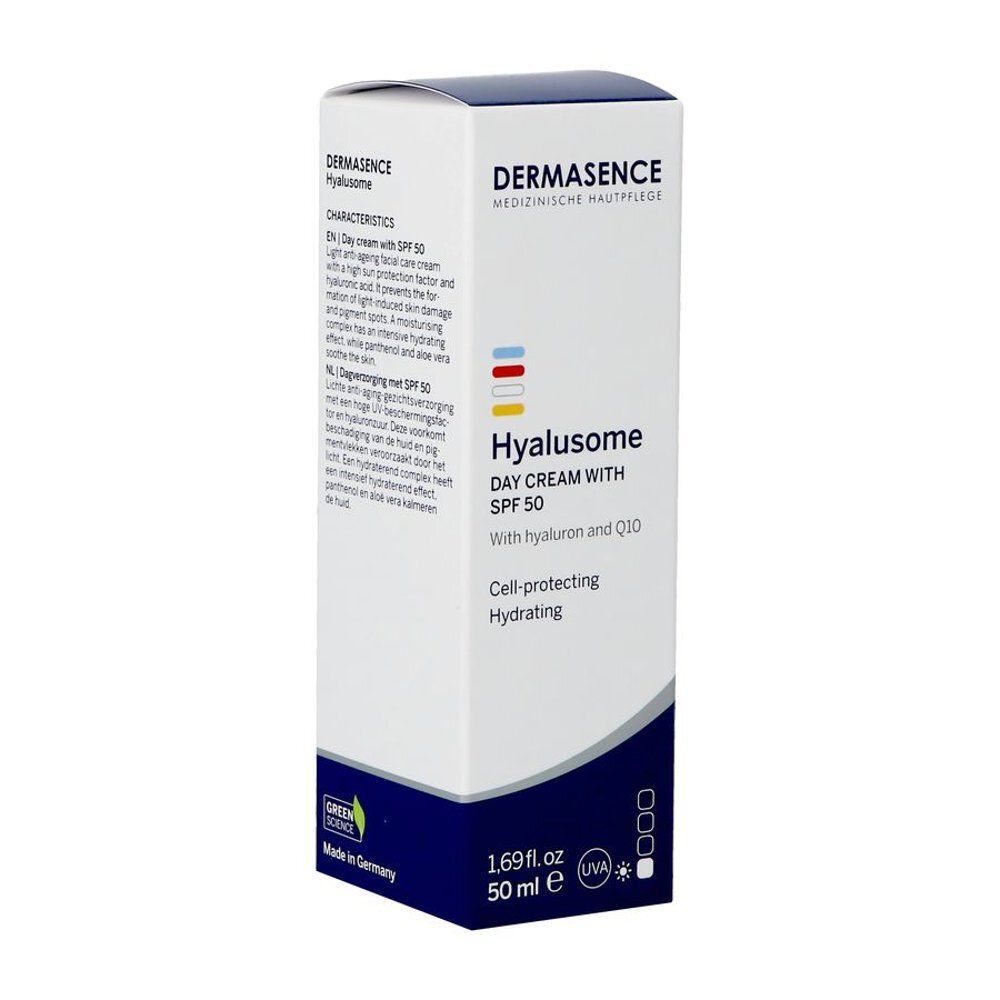 Witte doos met productinformatie. Opschrift Dermasence Dagcrème SPF 50. 50 ml.