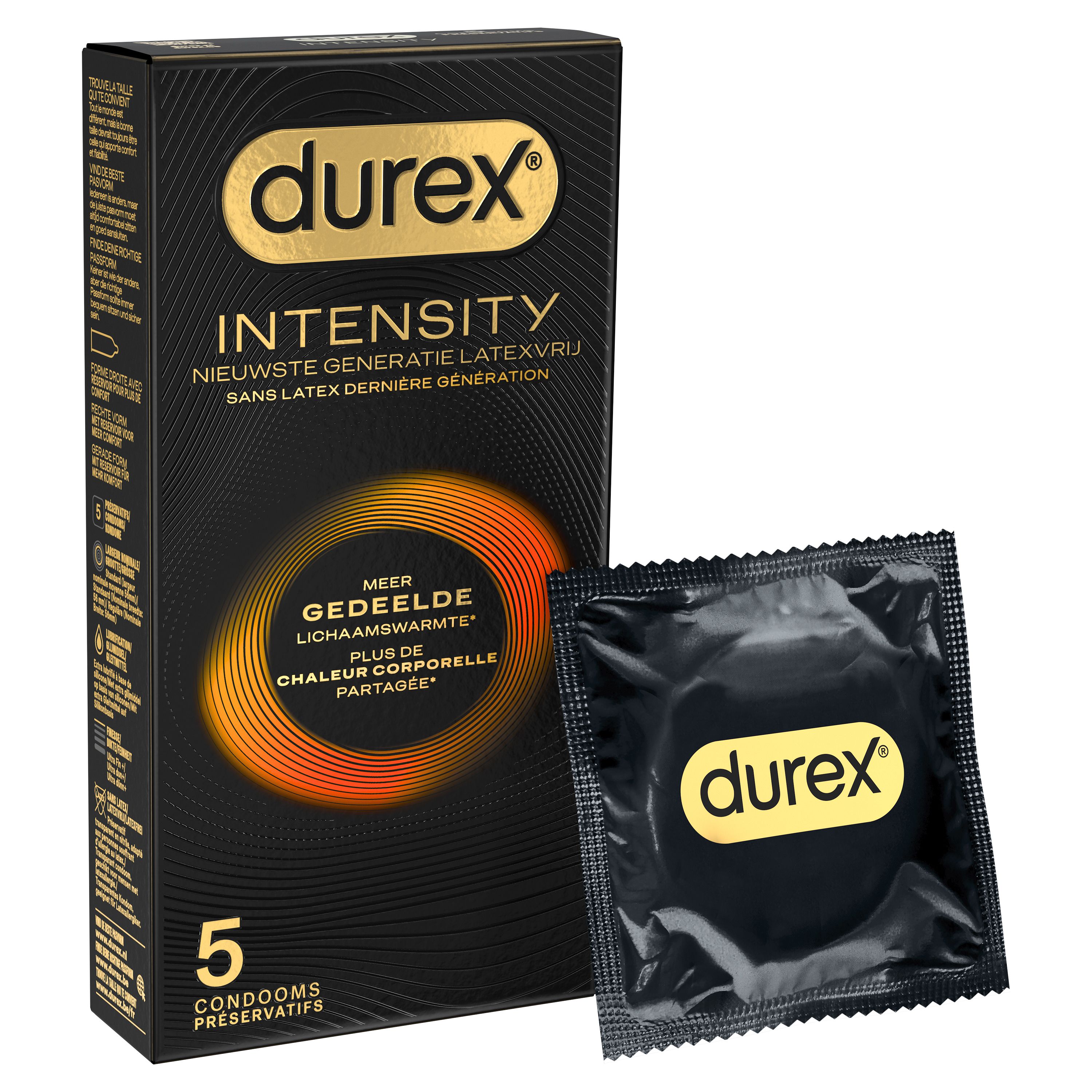 Boîte de préservatifs Durex Intensity et préservatif. Texte: Intensity, sans latex. Contient 5 préservatifs.