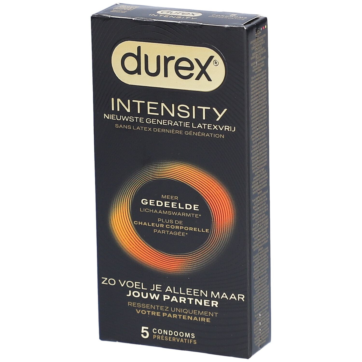 Schwarze Durex Intensity Kondom-Verpackung. Enthält 5 Kondome. Text: Intensity, Latex-frei.