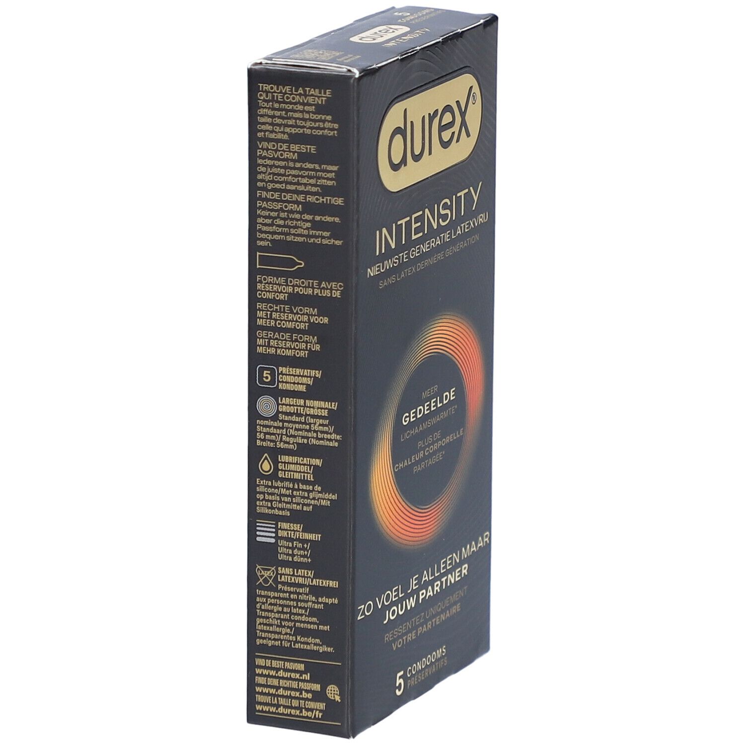 Durex Intensity Kondom-Verpackung, schräg. Text: Intensity, Latex-frei. Enthält 5 Kondome. Details auf der Seite.
