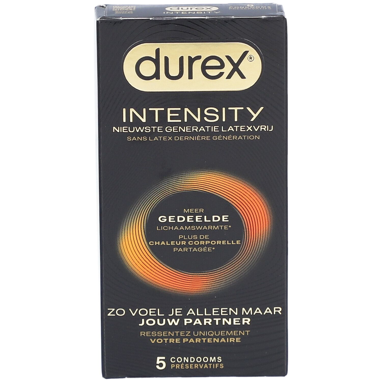 Schwarze Durex Intensity Kondom-Verpackung. Enthält 5 Kondome. Text: Intensity, Latex-frei.