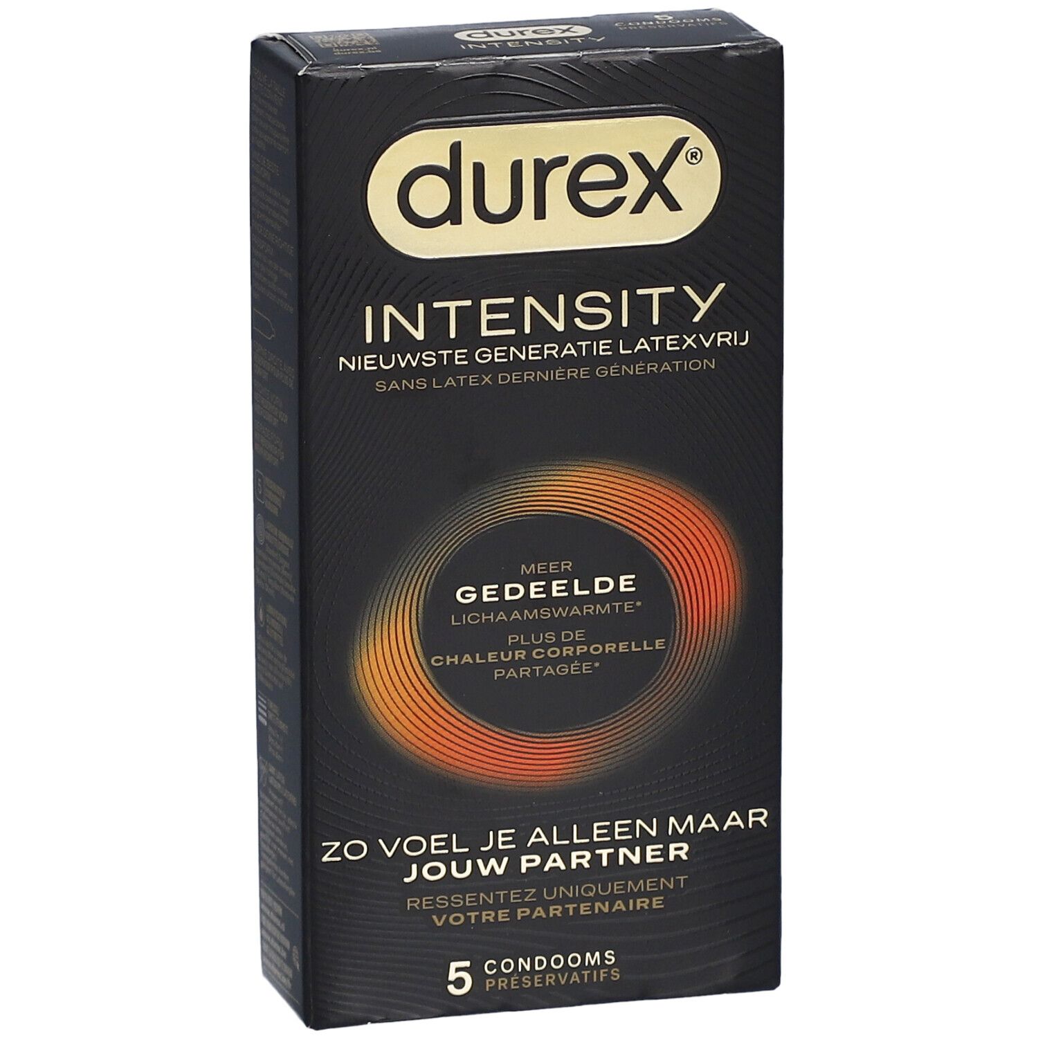 Schwarze Durex Intensity Kondom-Verpackung. Enthält 5 Kondome. Text: Intensity, Latex-frei.
