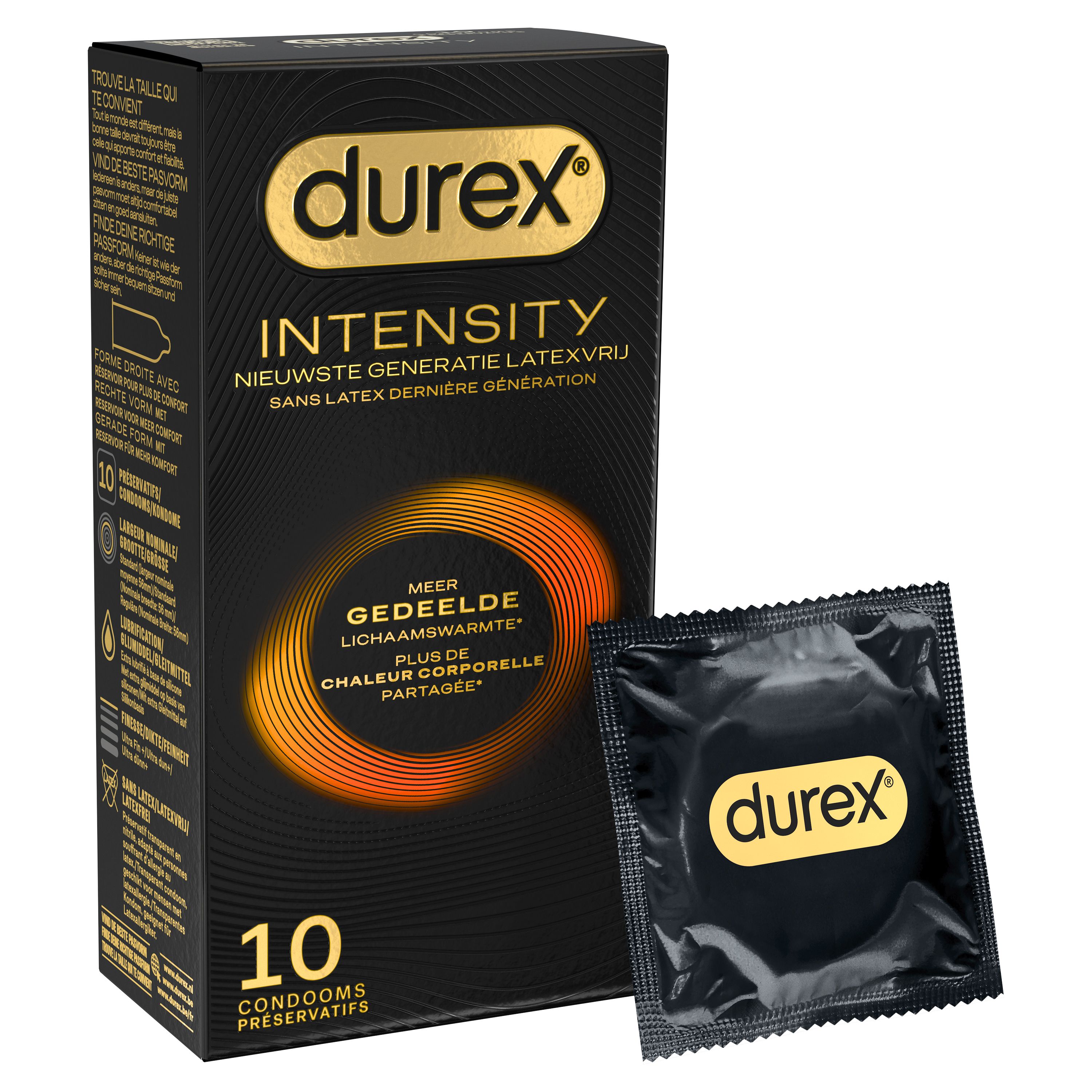 Boîte de préservatifs Durex Intensity et préservatif. Texte : Intensity, 10 préservatifs. Fond noir.