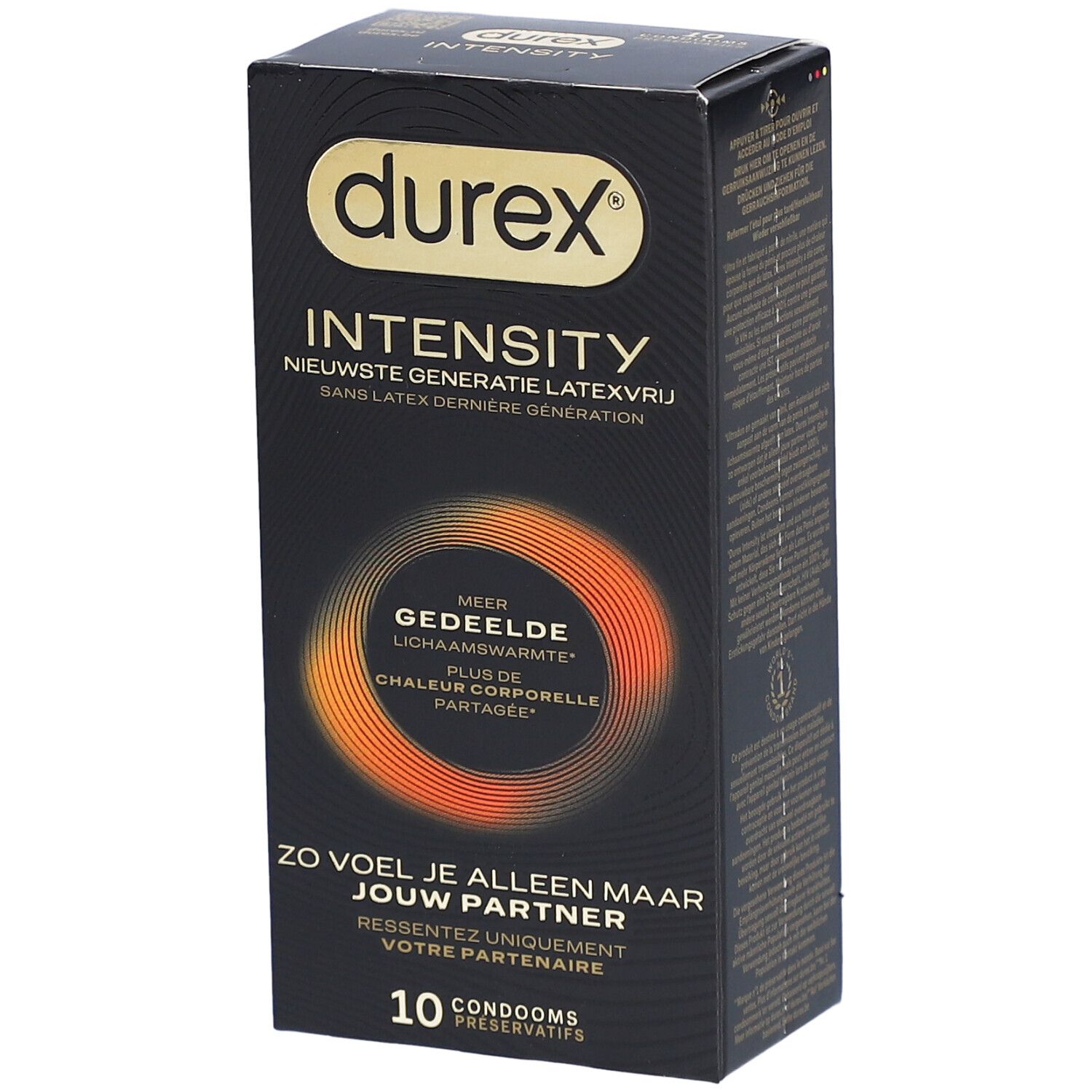 Boîte noire Durex Intensity. Texte : Intensity, 10 préservatifs. Cercle orange.