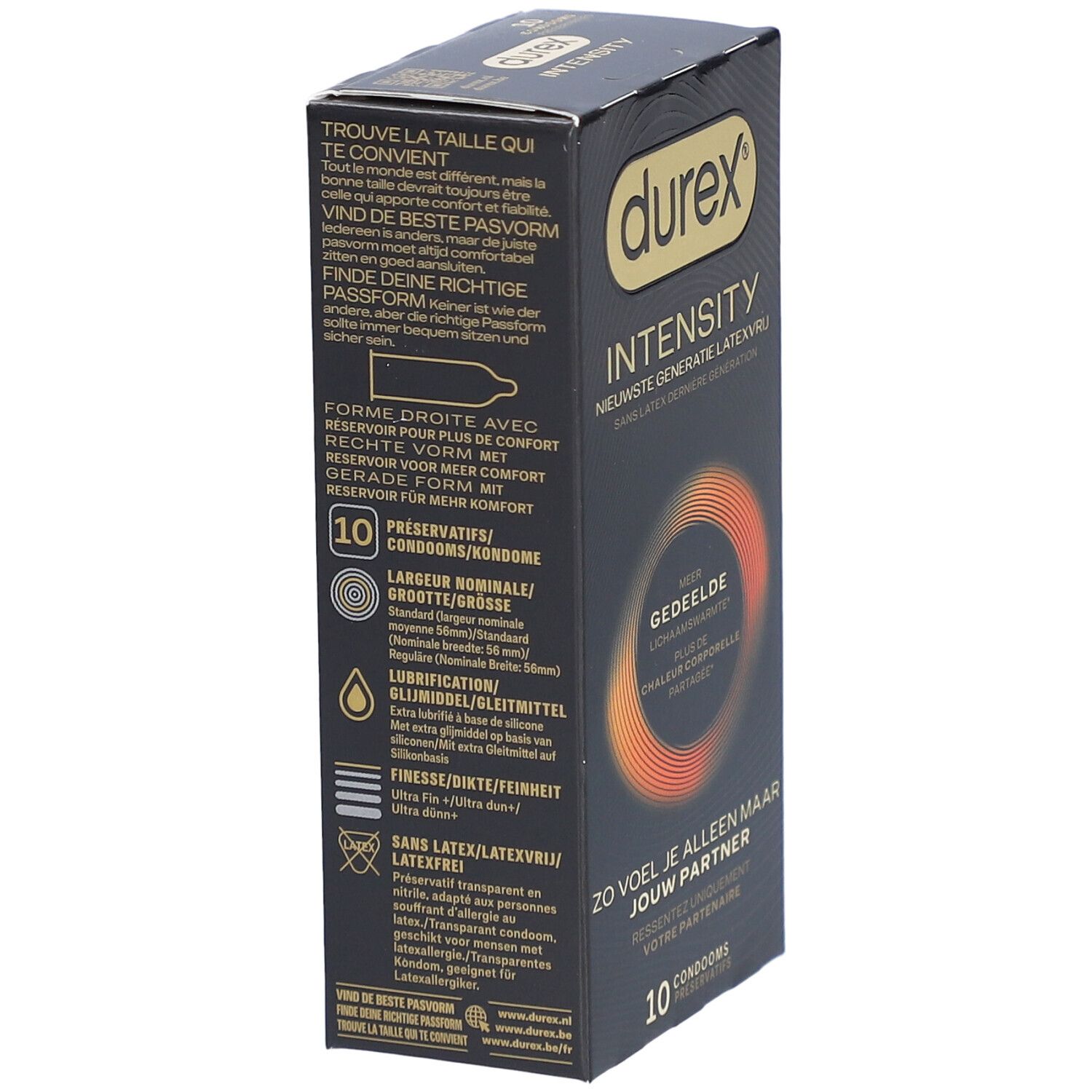 Boîte de préservatifs Durex Intensity, boîte noire. Texte : Intensity, 10 préservatifs. Dos avec texte.