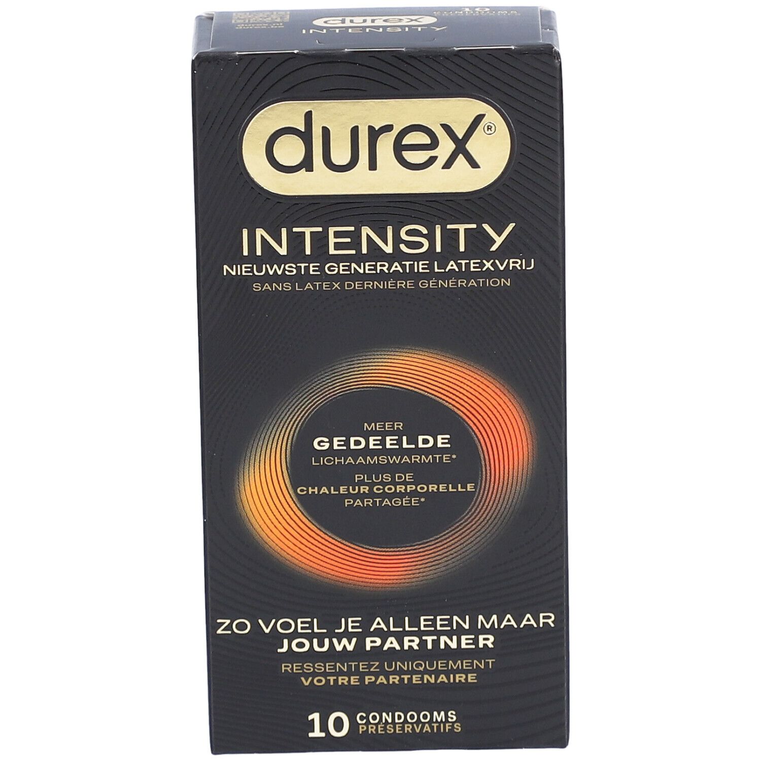 Boîte noire Durex Intensity. Texte : Intensity, 10 préservatifs. Cercle orange.