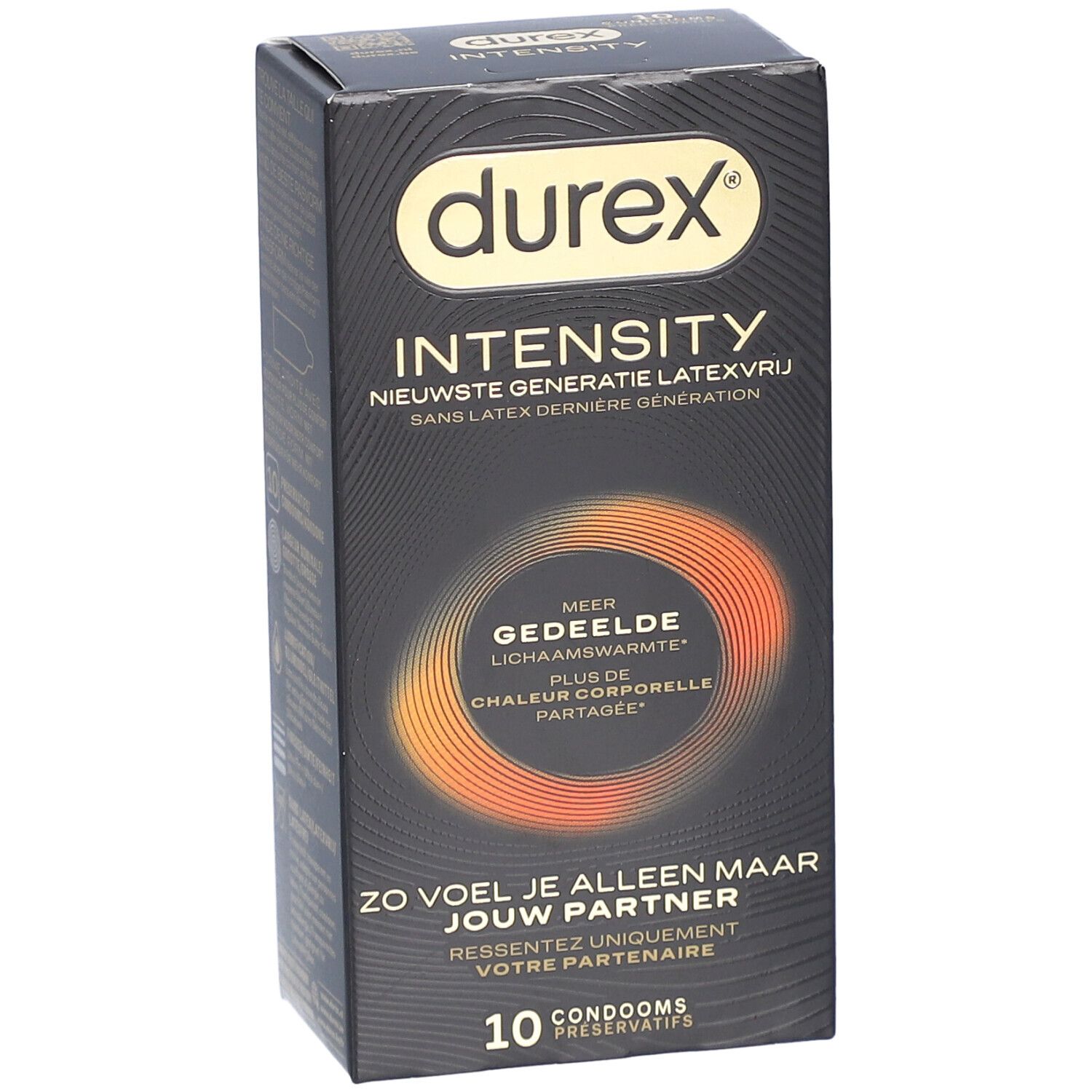 Boîte noire Durex Intensity. Texte : Intensity, 10 préservatifs. Cercle orange.