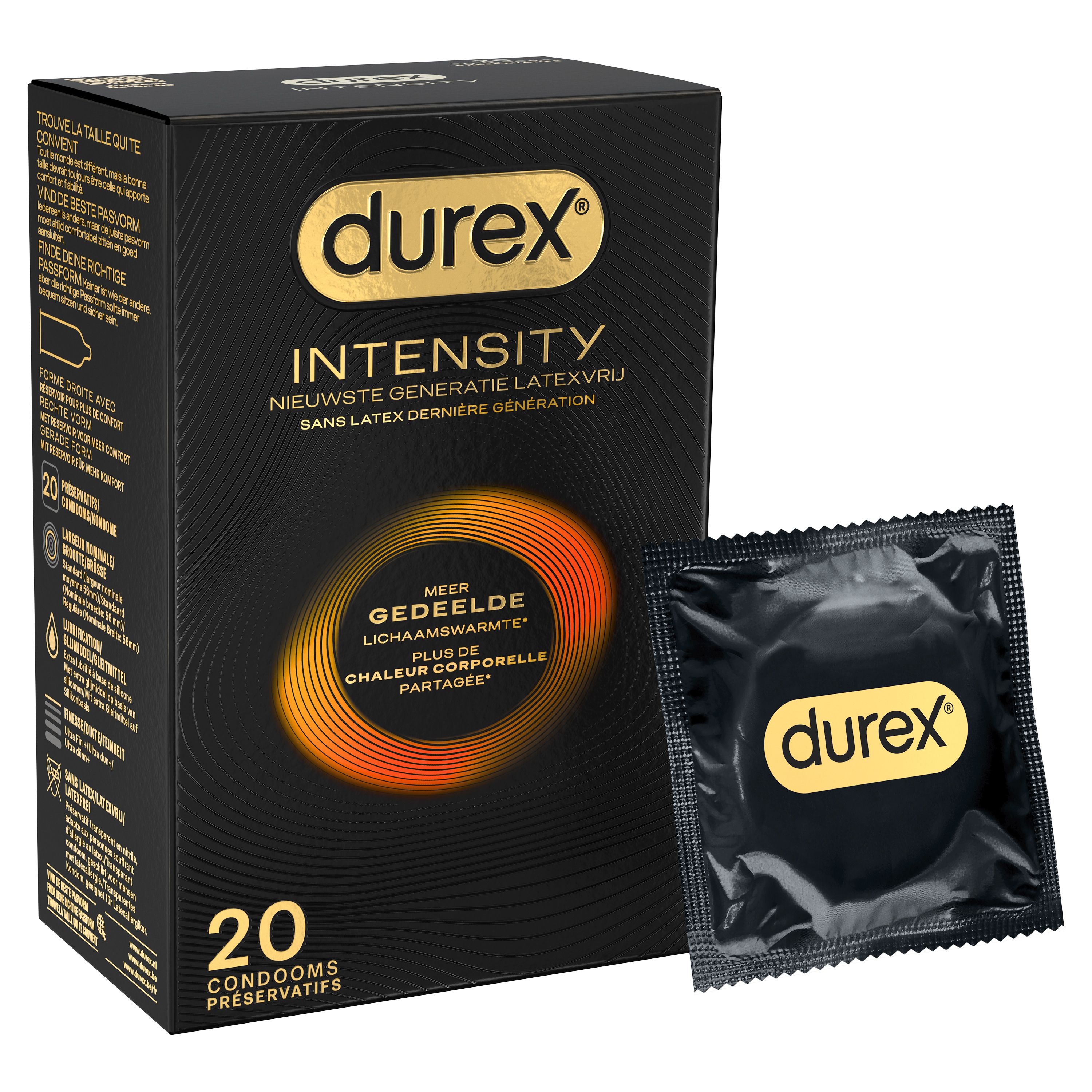 Zwarte doos met Durex-logo en productnaam. Bevat 20 condooms en een individueel condoom.