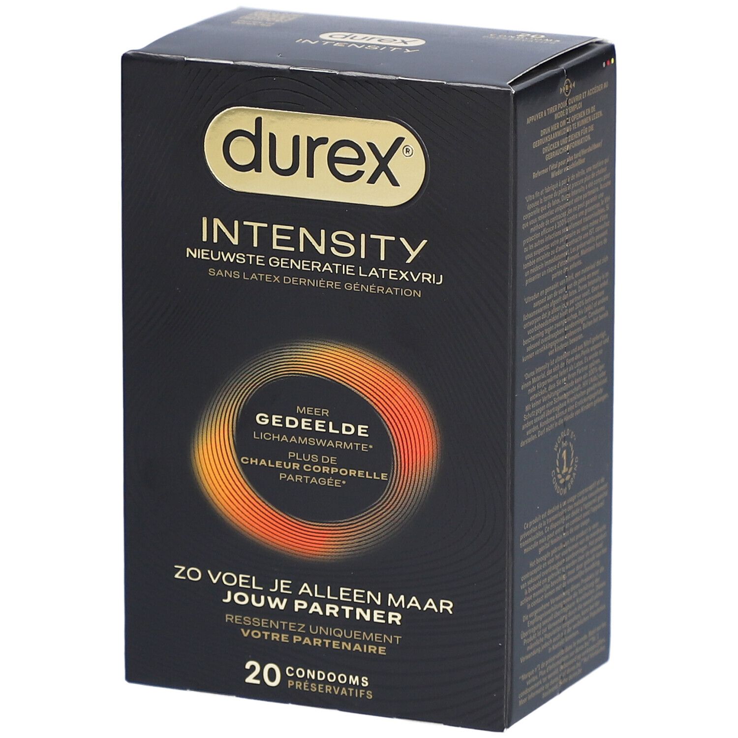 Schwarze Schachtel mit Durex-Logo und Produktbezeichnung. Enthält 20 Kondome. Text in Deutsch, Französisch und Niederländisch.