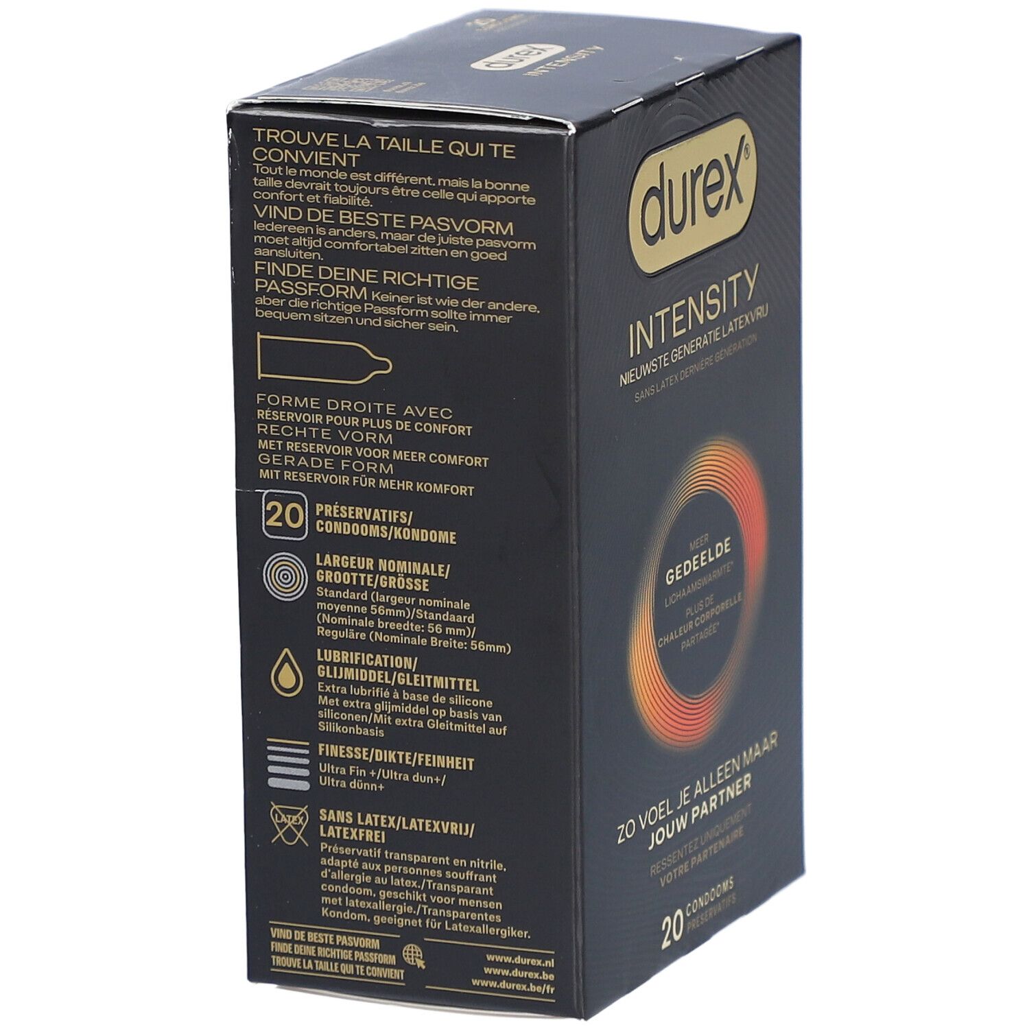 Schwarze Schachtel mit Text in Deutsch, Französisch und Niederländisch. Enthält Informationen zum Produkt und zur Verwendung.