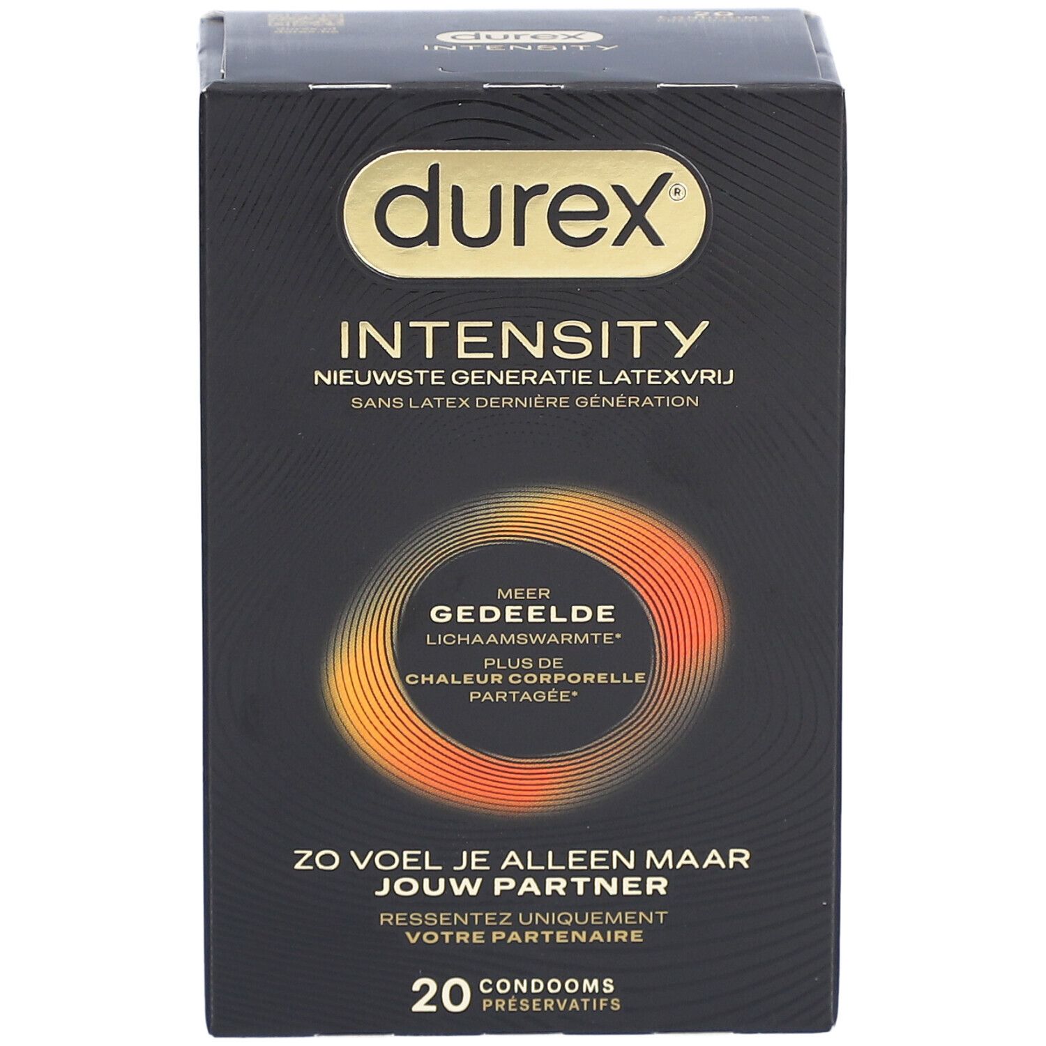 Schwarze Schachtel mit Durex-Logo und Produktbezeichnung. Enthält 20 Kondome. Text in Deutsch, Französisch und Niederländisch.