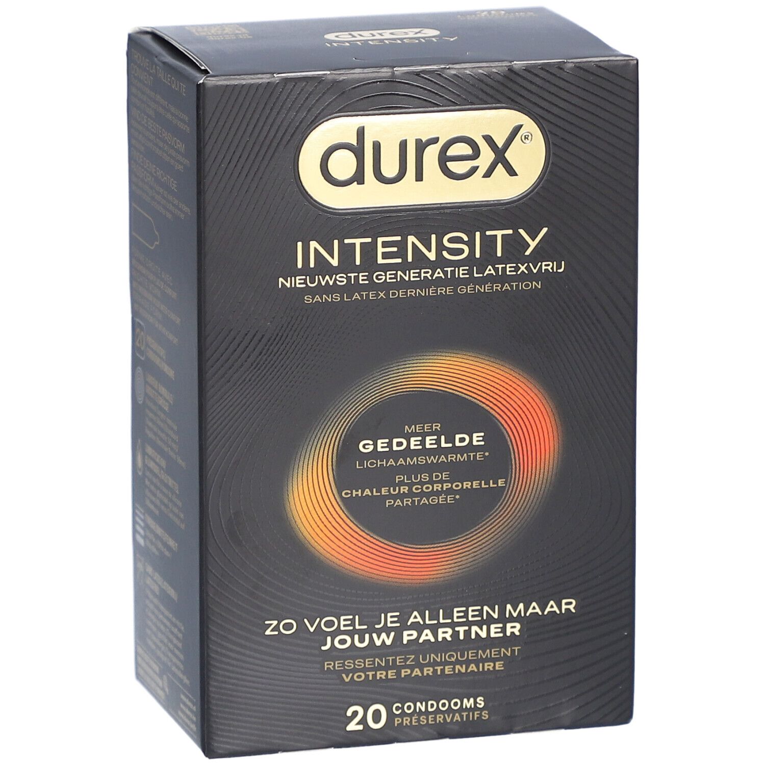 Schwarze Schachtel mit Durex-Logo und Produktbezeichnung. Enthält 20 Kondome. Text in Deutsch, Französisch und Niederländisch.