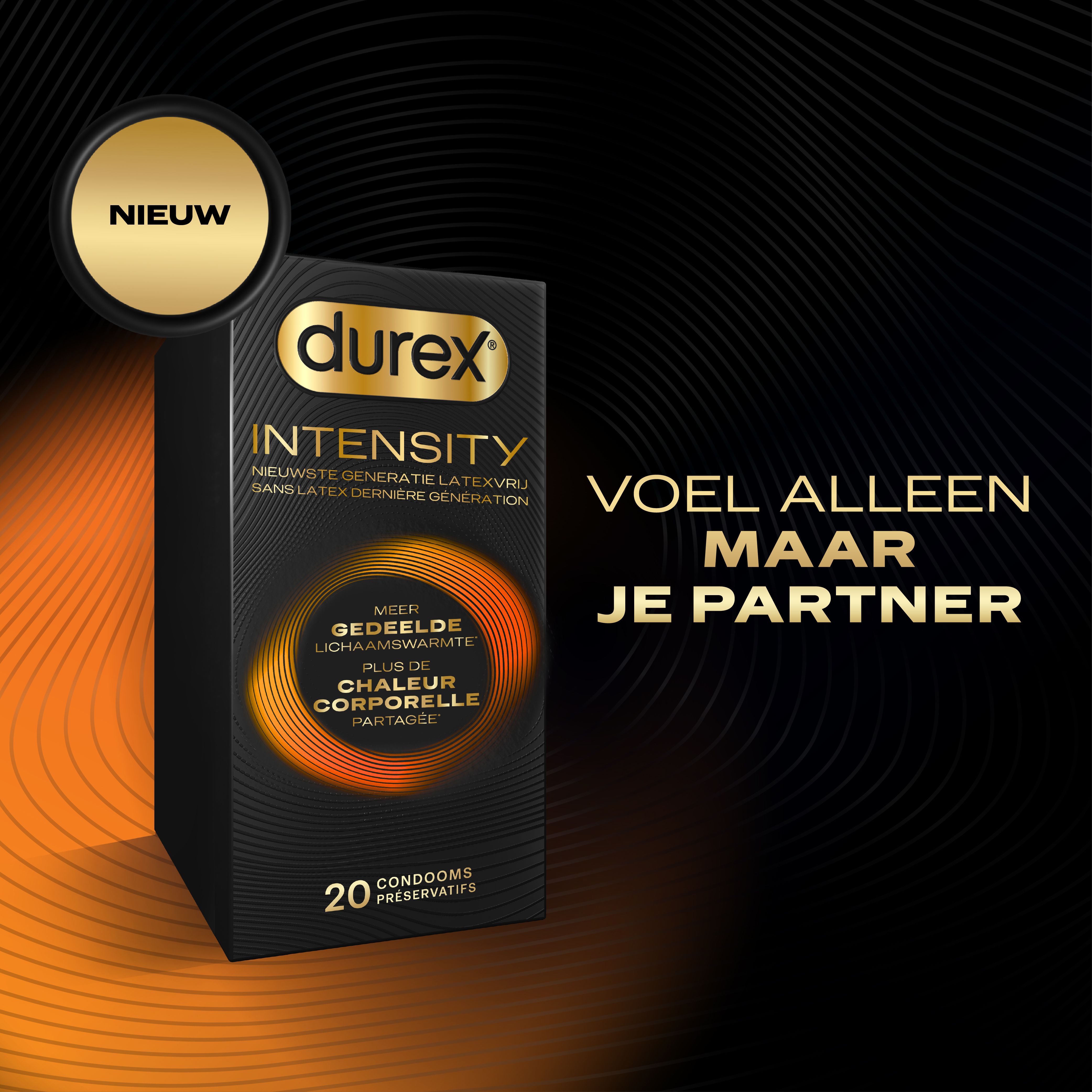 Zwarte doos met Durex-logo en productnaam. Tekst: Voel alleen maar je partner.