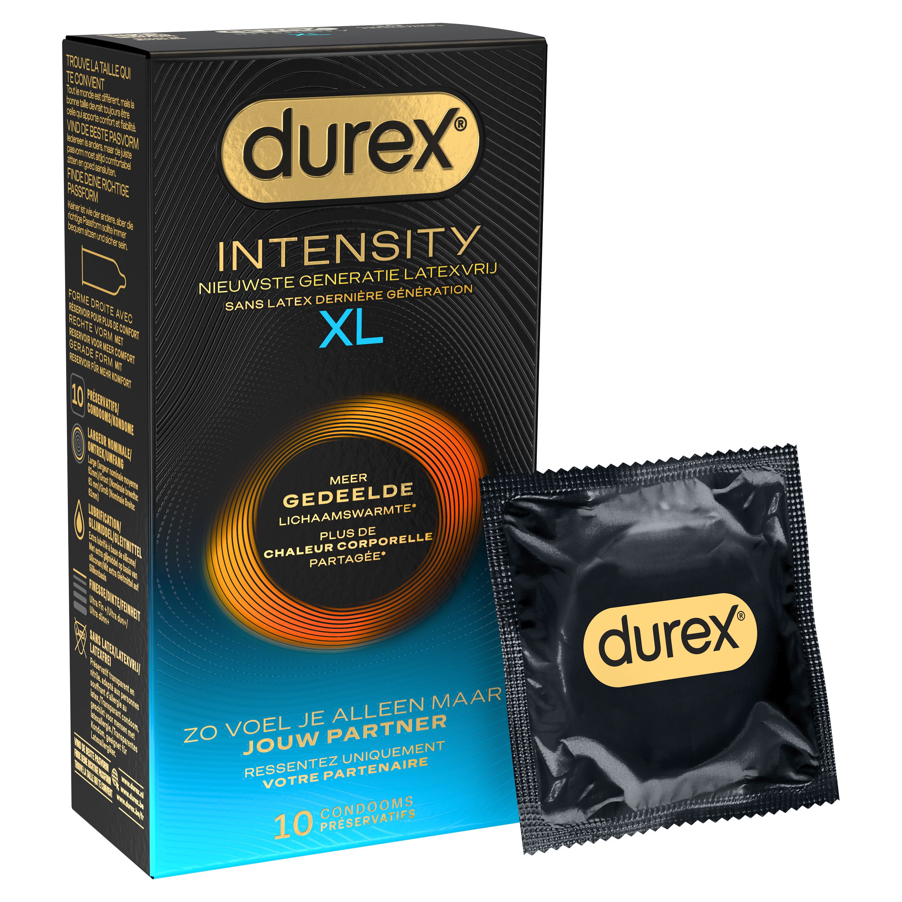 Durex Intensity XL condoomverpakking met een condoom. Zwarte verpakking met productnaam en kenmerken.