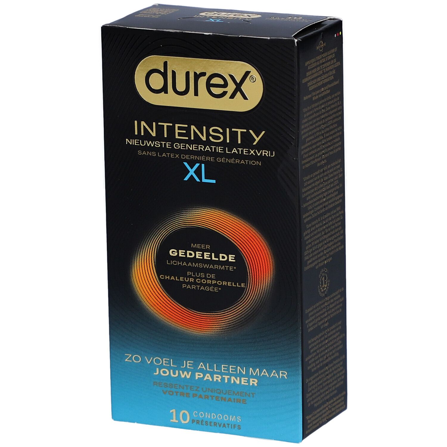 Durex Intensity XL Kondom-Packung. Schwarze Verpackung mit Produktnamen und Merkmalen. 10 Kondome.