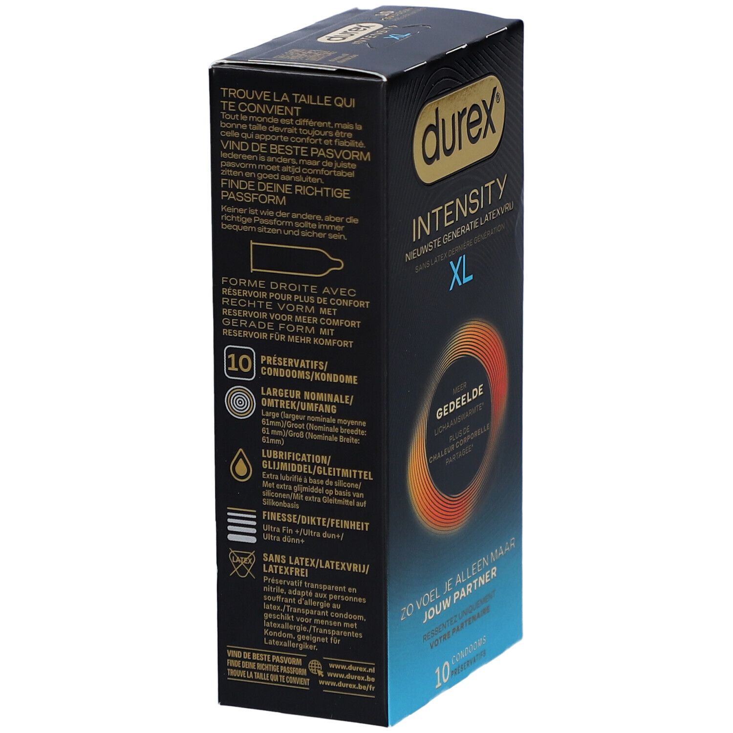 Durex Intensity XL Kondom-Packung. Seitenansicht der Verpackung mit Produktinformationen und 10 Kondomen.