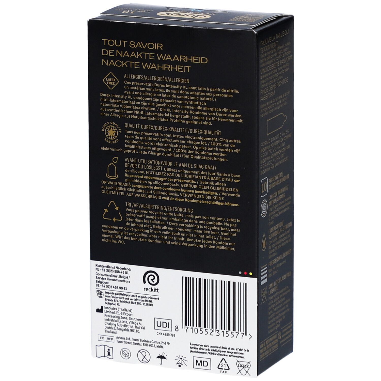 Rückseite der Durex Intensity XL Kondom-Packung. Textinformationen und Logos.