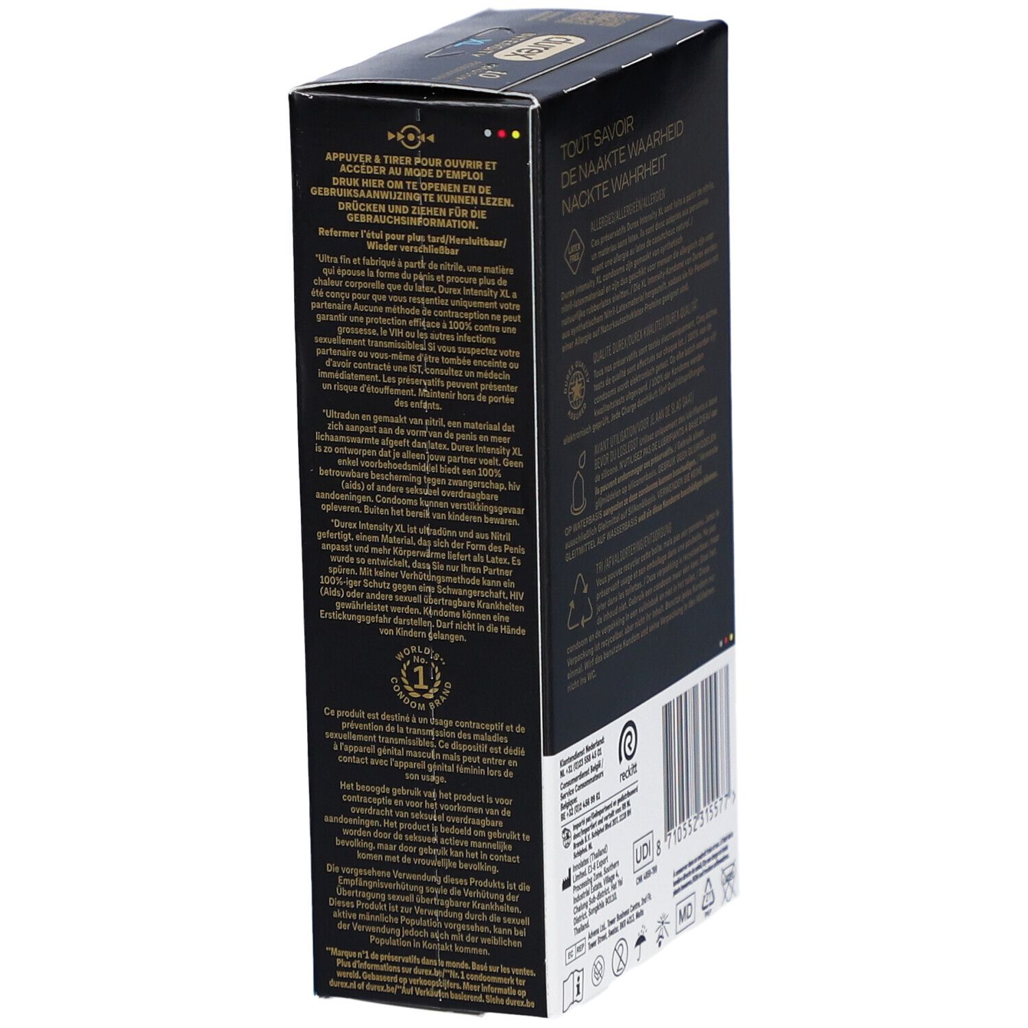 Durex Intensity XL Kondom-Packung. Seitenansicht mit Text und Logos.