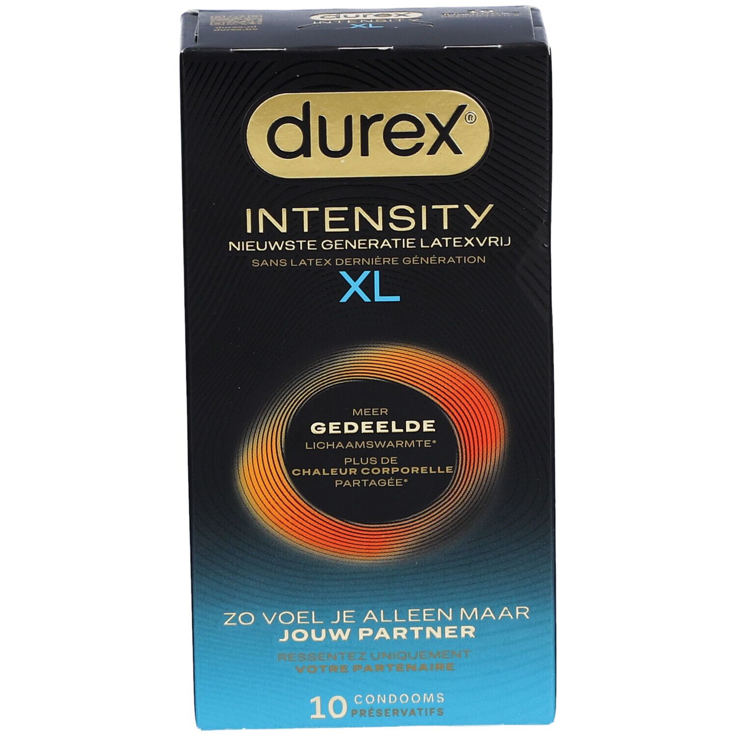 Durex Intensity XL Kondom-Packung. Schwarze Verpackung mit Produktnamen und Merkmalen. 10 Kondome.