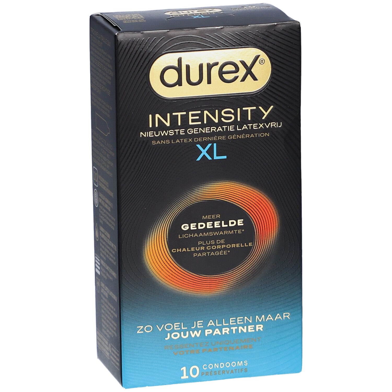 Durex Intensity XL Kondom-Packung. Schwarze Verpackung mit Produktnamen und Merkmalen. 10 Kondome.