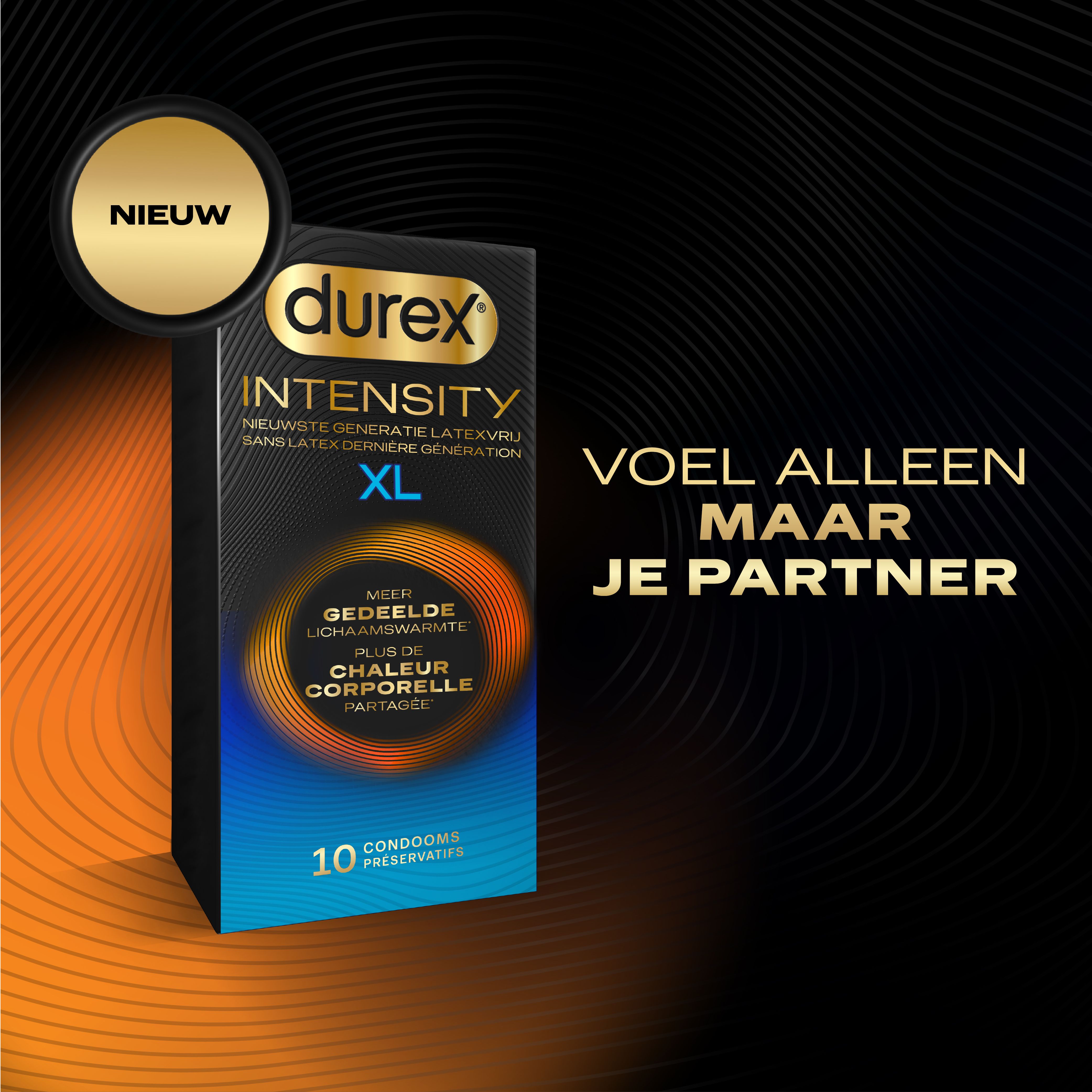 Durex Intensity XL condoomverpakking met tekst: Voel alleen maar je partner.
