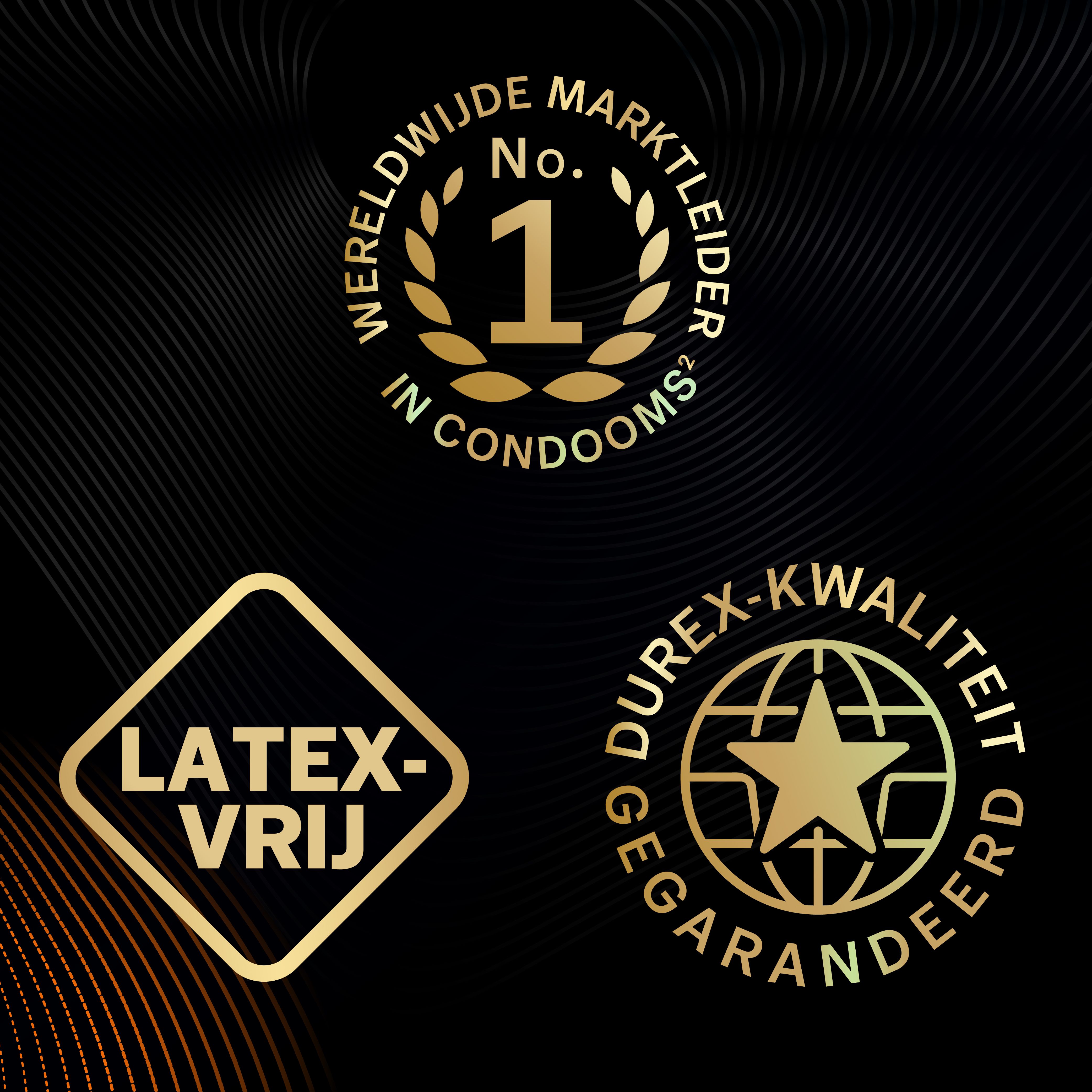 Grafische weergave: Wereldleider, latexvrij, Durex-kwaliteit.