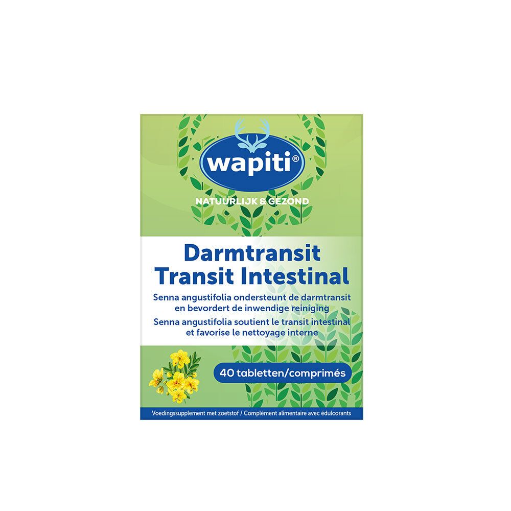 Verpakking met productnaam en 40 tabletten. Groen-wit ontwerp met logo en bloemmotieven.