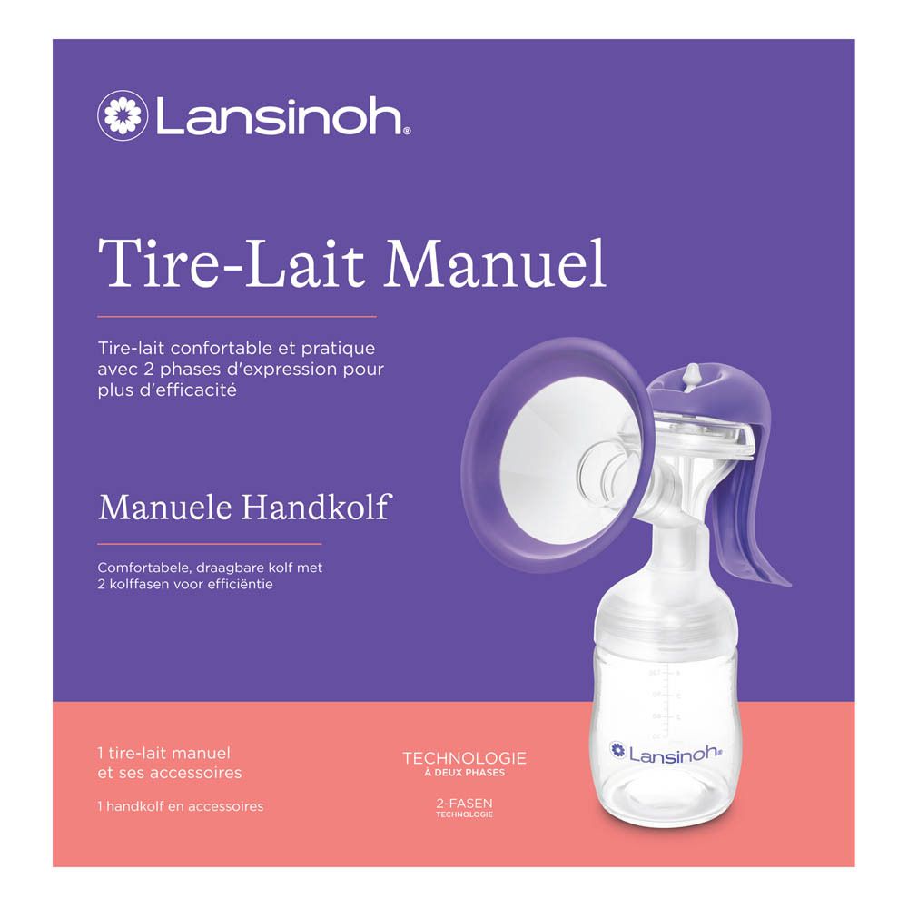 Tire-lait manuel. Texte : Tire-Lait Manuel, Manuele Handkolf. Marque Lansinoh. Violet et blanc.
