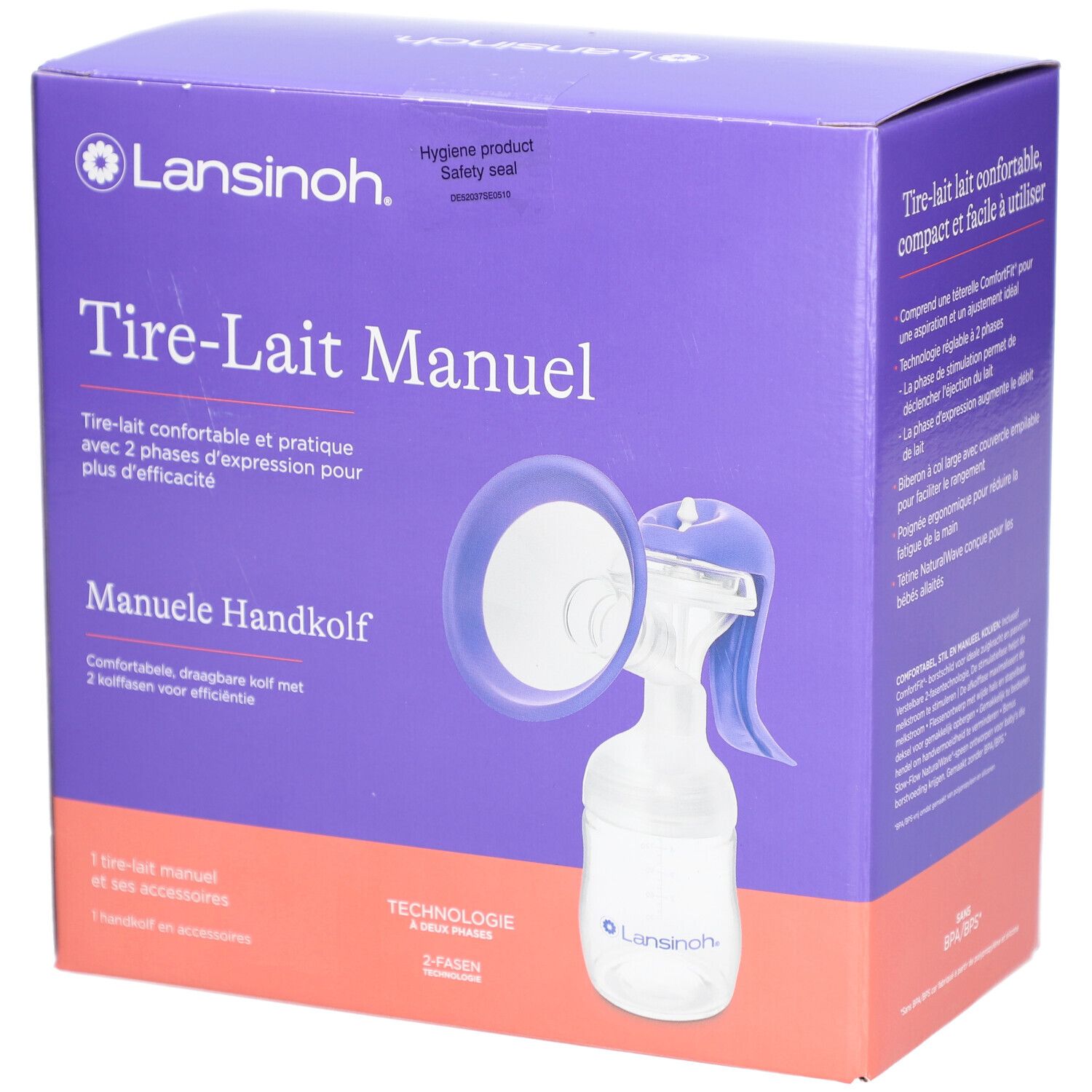 Boîte de tire-lait manuel. Texte : Tire-Lait Manuel, Manuele Handkolf. Marque Lansinoh. Violet et blanc.