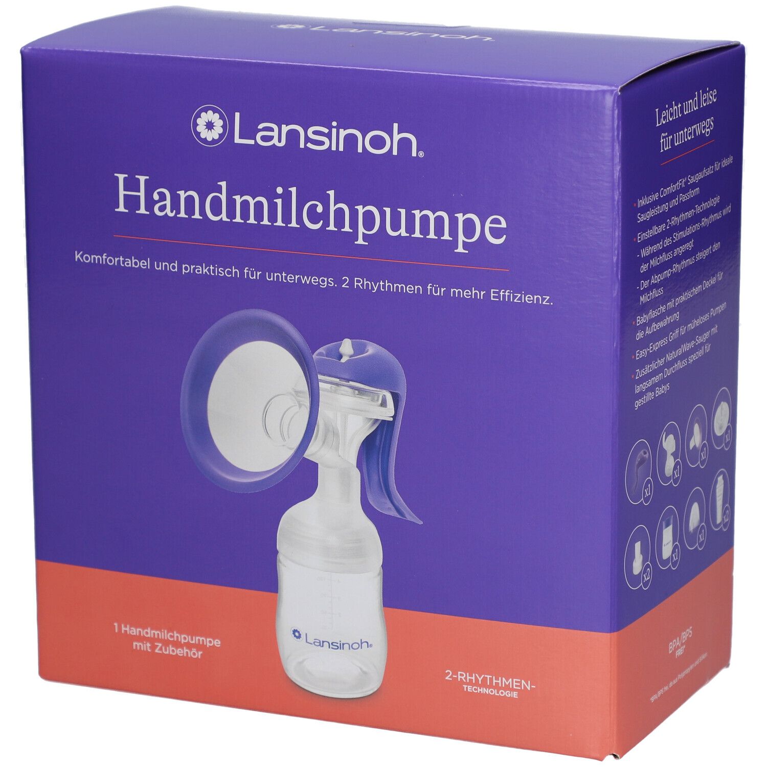 Boîte de tire-lait manuel. Texte : Handmilchpumpe. Marque Lansinoh. Violet et blanc.