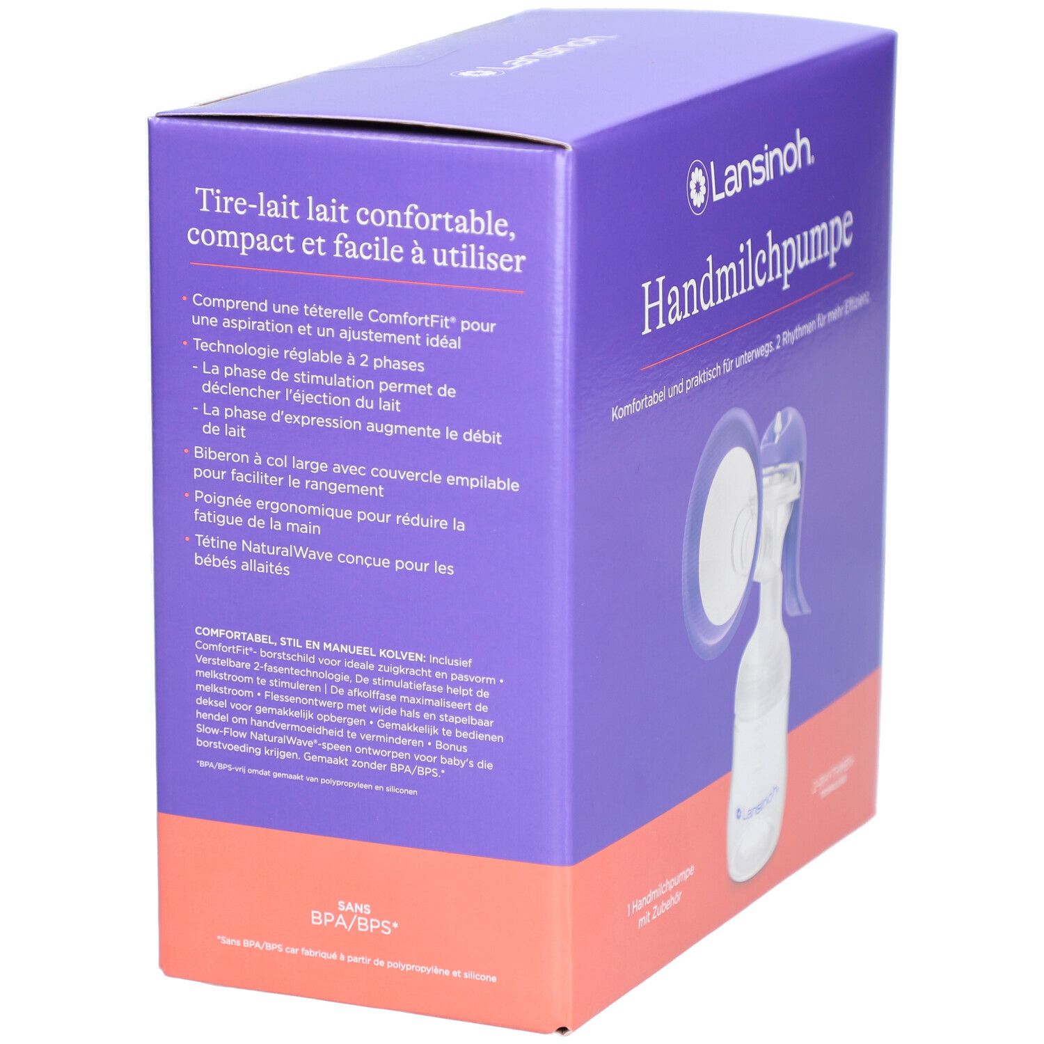 Boîte de tire-lait manuel. Texte : Handmilchpumpe. Marque Lansinoh. Violet et blanc.