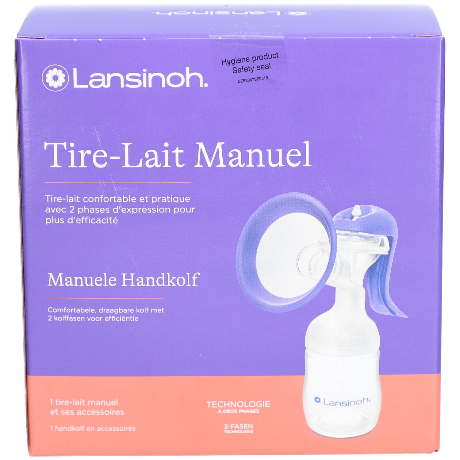 Boîte de tire-lait manuel. Texte : Tire-Lait Manuel, Manuele Handkolf. Marque Lansinoh. Violet et blanc.