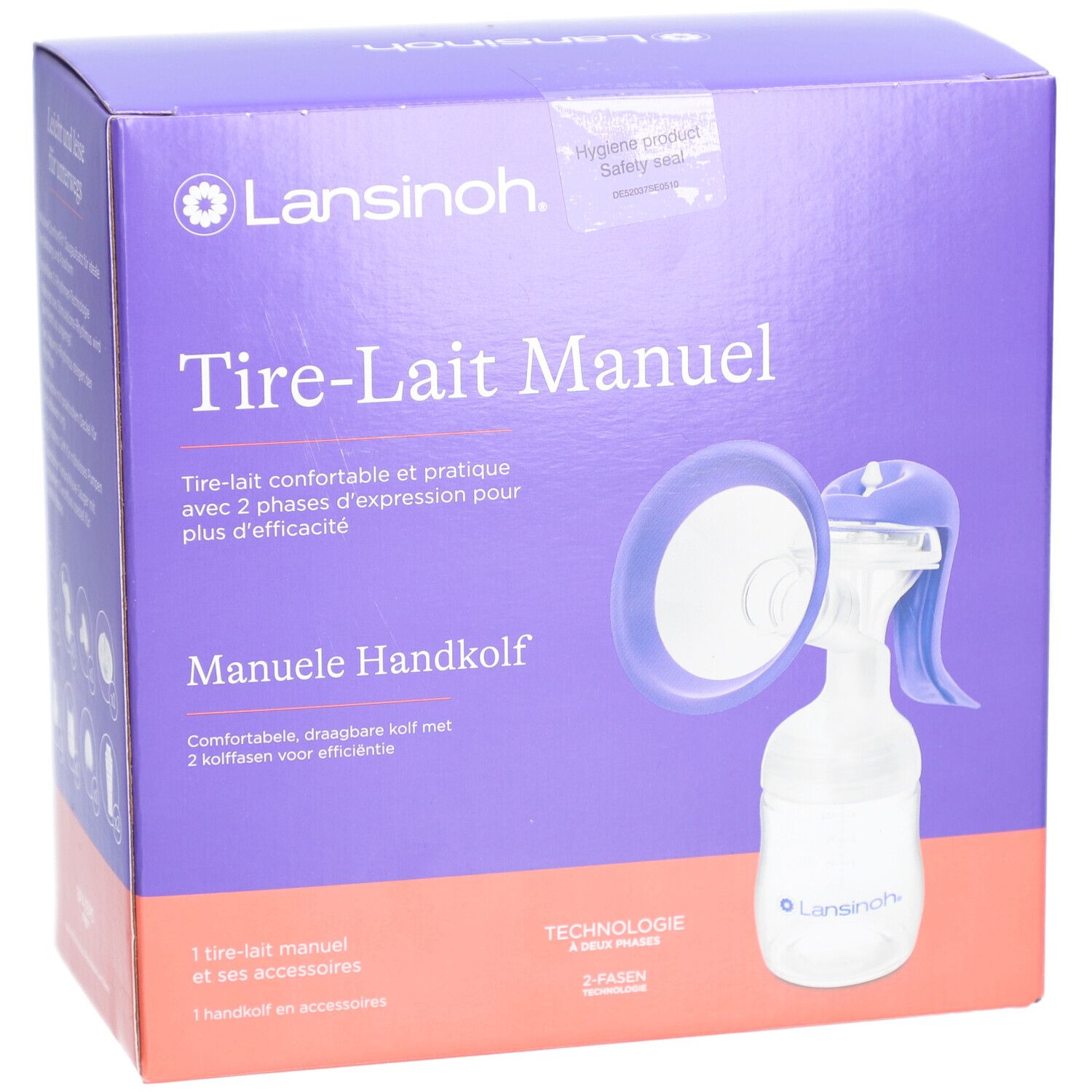 Boîte de tire-lait manuel. Texte : Tire-Lait Manuel, Manuele Handkolf. Marque Lansinoh. Violet et blanc.