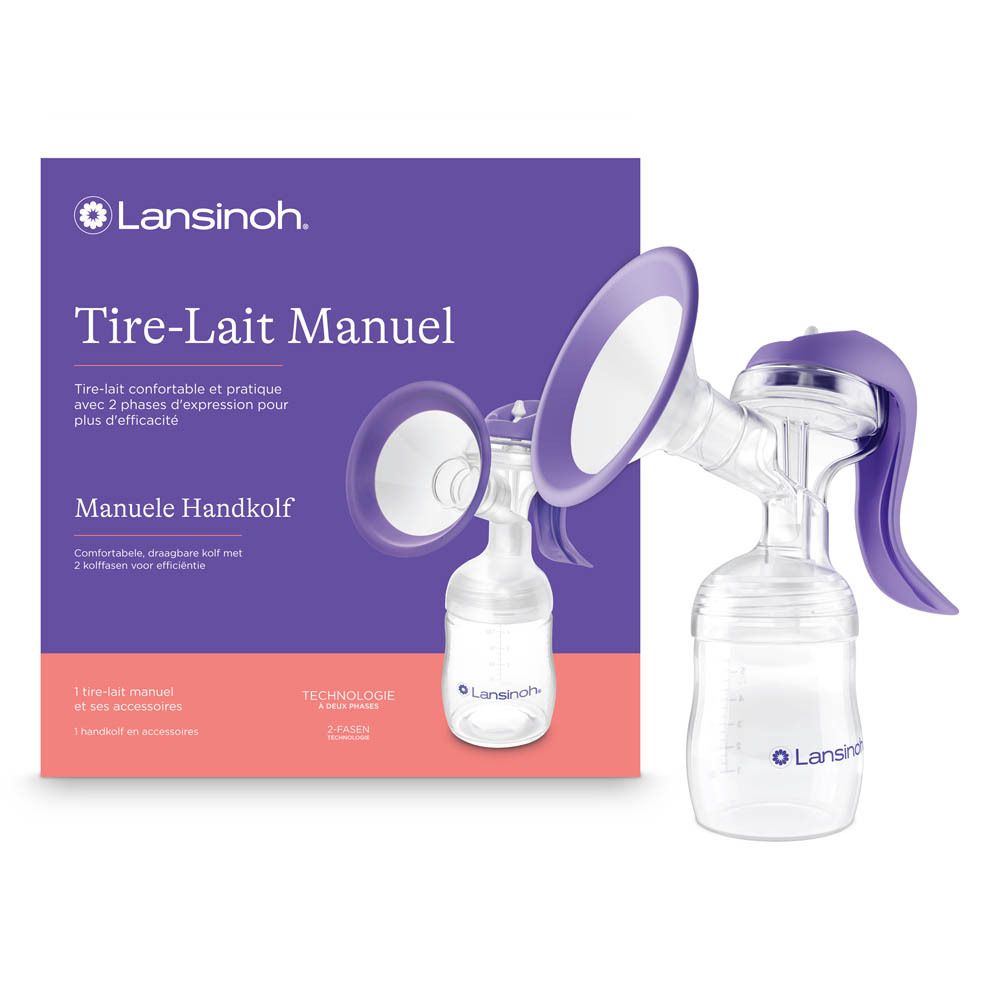 Tire-lait manuel et accessoires. Marque Lansinoh. Violet et blanc.