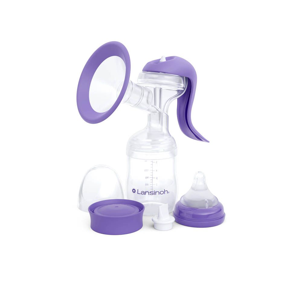 Tire-lait manuel et accessoires. Marque Lansinoh. Violet et blanc.